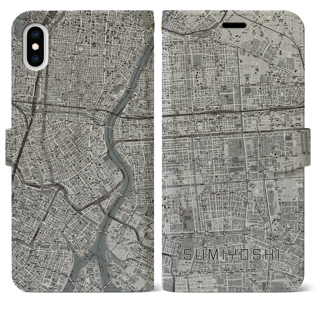 【住吉(東京都)】地図柄iPhoneケース(手帳タイプ)モノトーン・iPhone XS Max 用