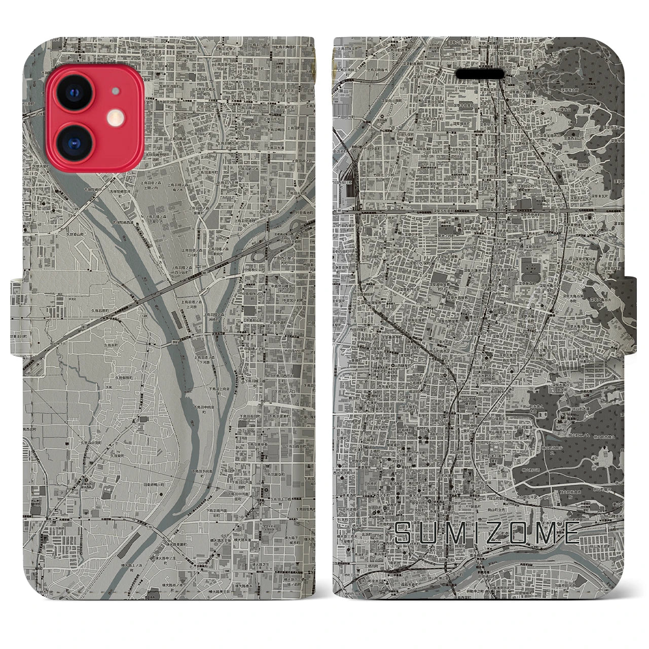 【墨染(京都府)】地図柄iPhoneケース(手帳タイプ)モノトーン・iPhone 11 用