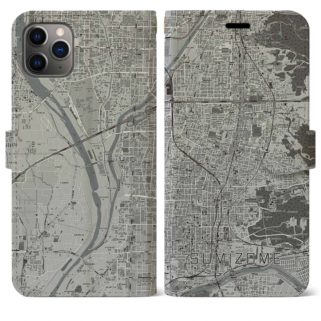【墨染(京都府)】地図柄iPhoneケース(手帳タイプ)モノトーン・iPhone 11 Pro Max 用
