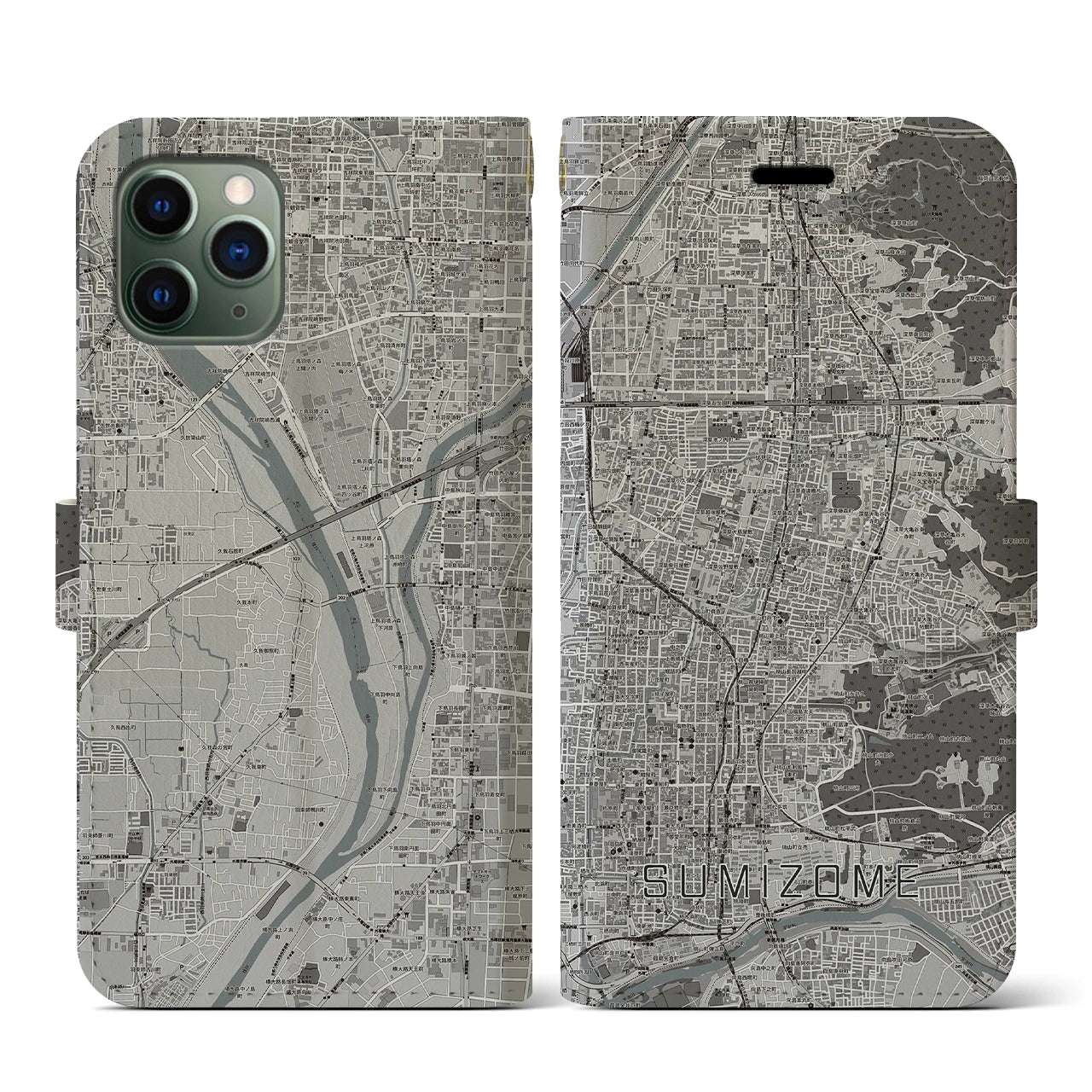 【墨染(京都府)】地図柄iPhoneケース(手帳タイプ)モノトーン・iPhone 11 Pro 用