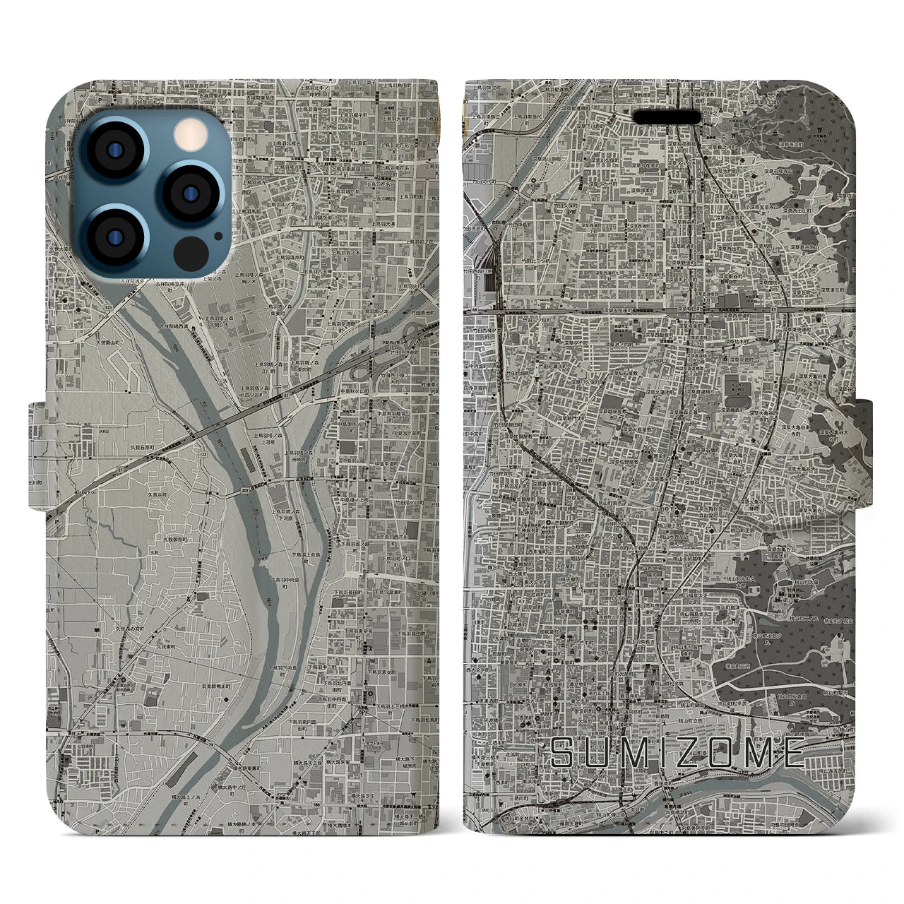 【墨染(京都府)】地図柄iPhoneケース(手帳タイプ)モノトーン・iPhone 12 / 12 Pro 用