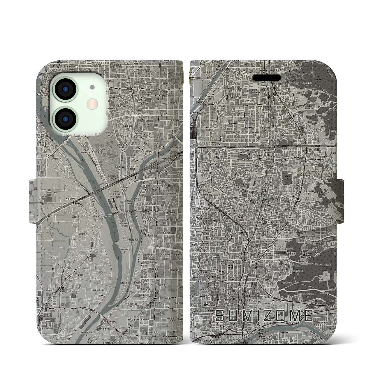 【墨染(京都府)】地図柄iPhoneケース(手帳タイプ)モノトーン・iPhone 12 mini 用
