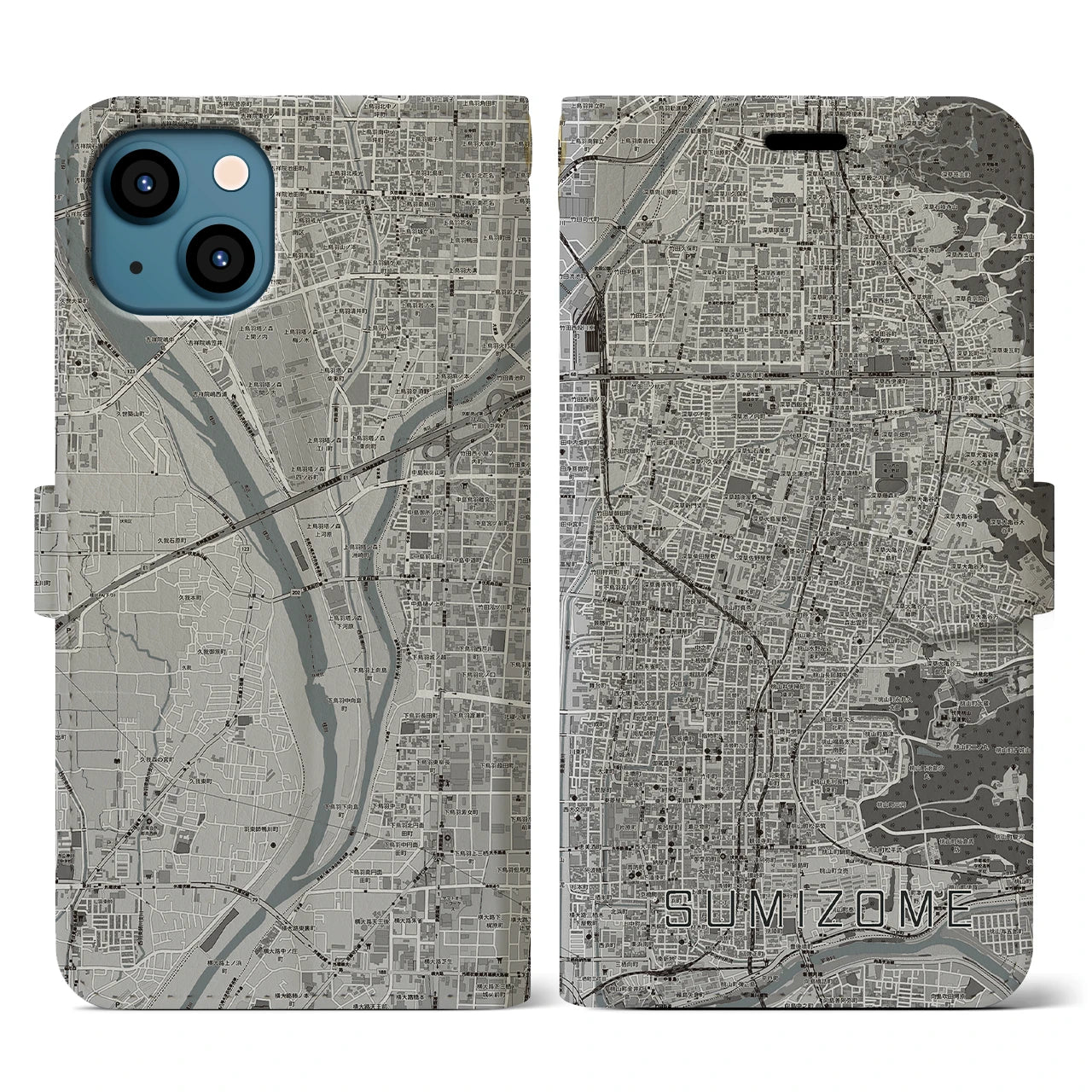 【墨染(京都府)】地図柄iPhoneケース(手帳タイプ)モノトーン・iPhone 13 用