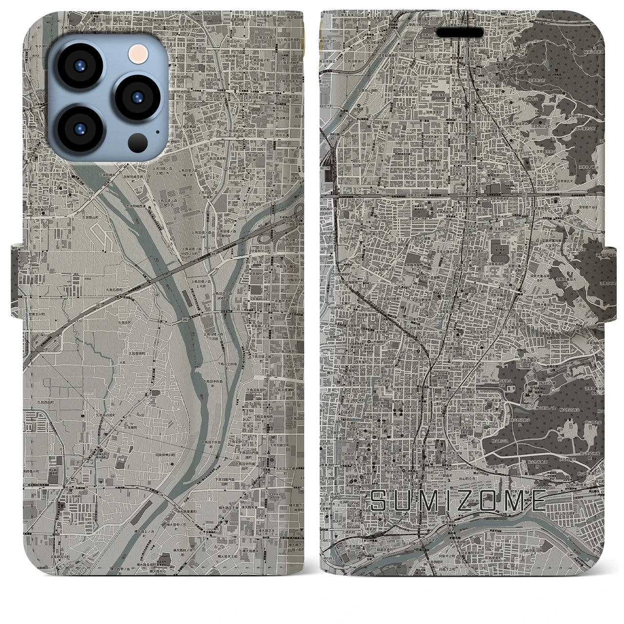 【墨染(京都府)】地図柄iPhoneケース(手帳タイプ)モノトーン・iPhone 13 Pro Max 用