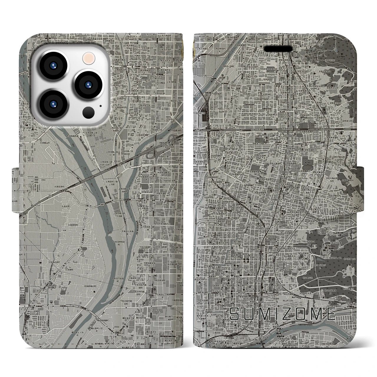 【墨染(京都府)】地図柄iPhoneケース(手帳タイプ)モノトーン・iPhone 13 Pro 用