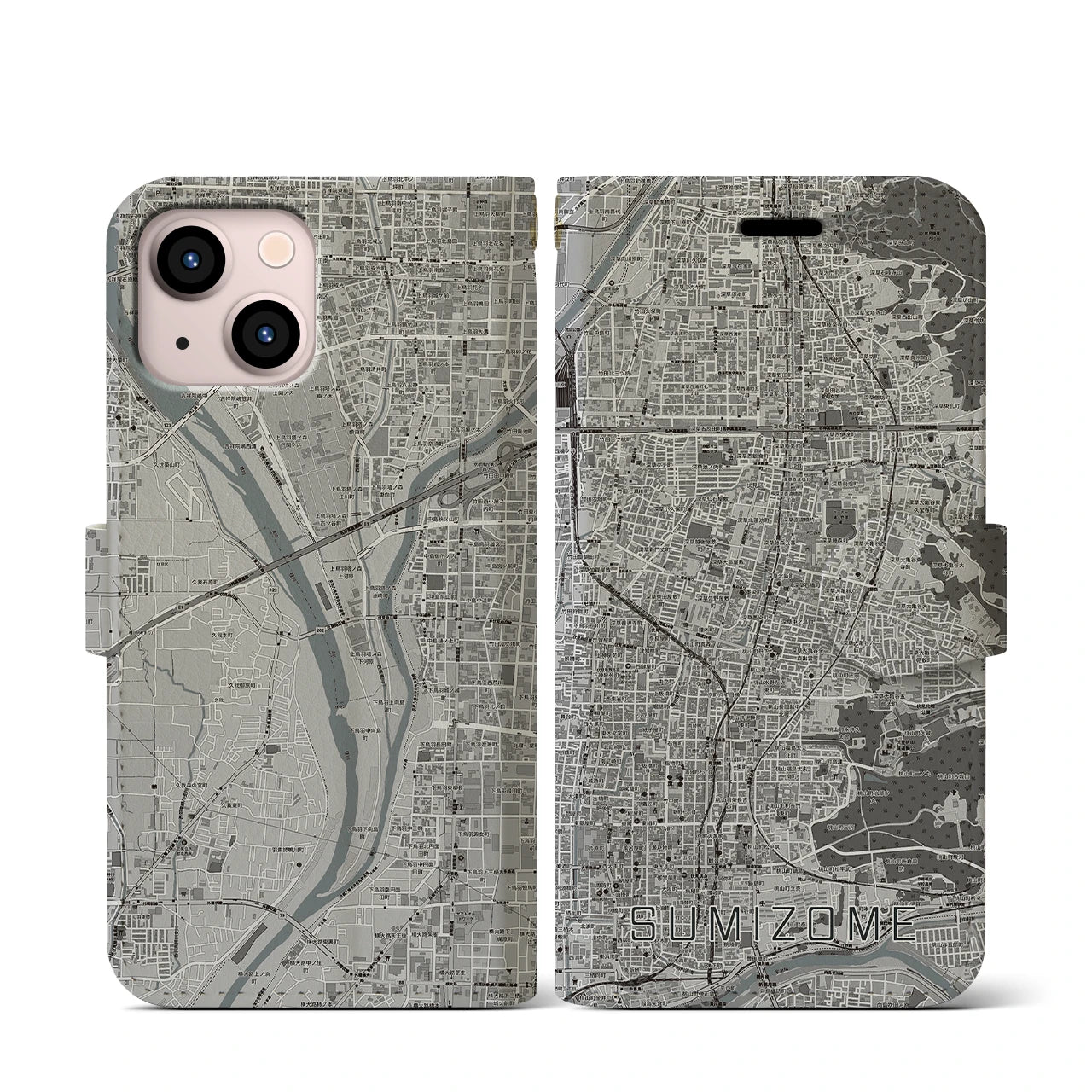 【墨染(京都府)】地図柄iPhoneケース(手帳タイプ)モノトーン・iPhone 13 mini 用