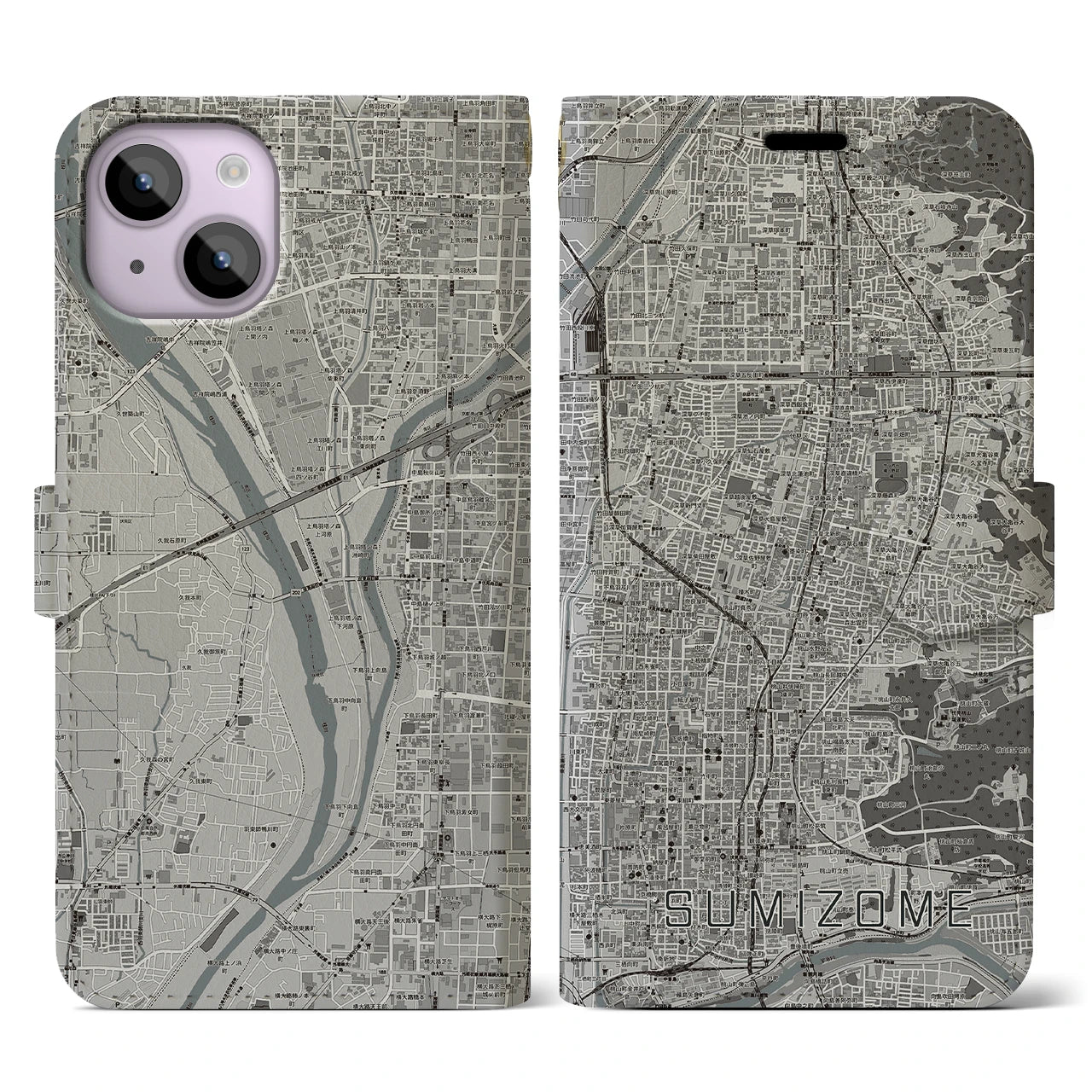 【墨染(京都府)】地図柄iPhoneケース(手帳タイプ)モノトーン・iPhone 14 用