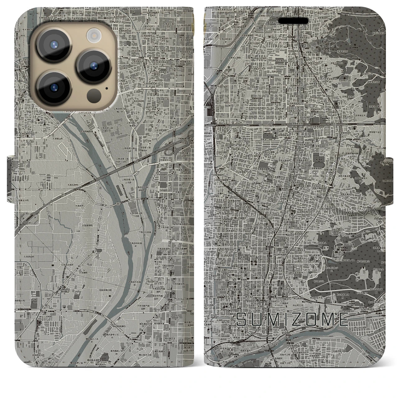 【墨染(京都府)】地図柄iPhoneケース(手帳タイプ)モノトーン・iPhone 14 Pro Max 用
