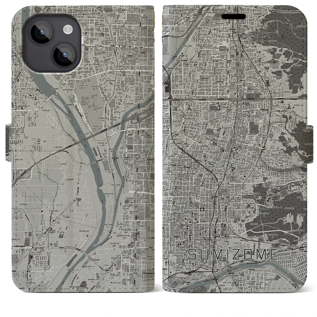 【墨染(京都府)】地図柄iPhoneケース(手帳タイプ)モノトーン・iPhone 14 Plus 用