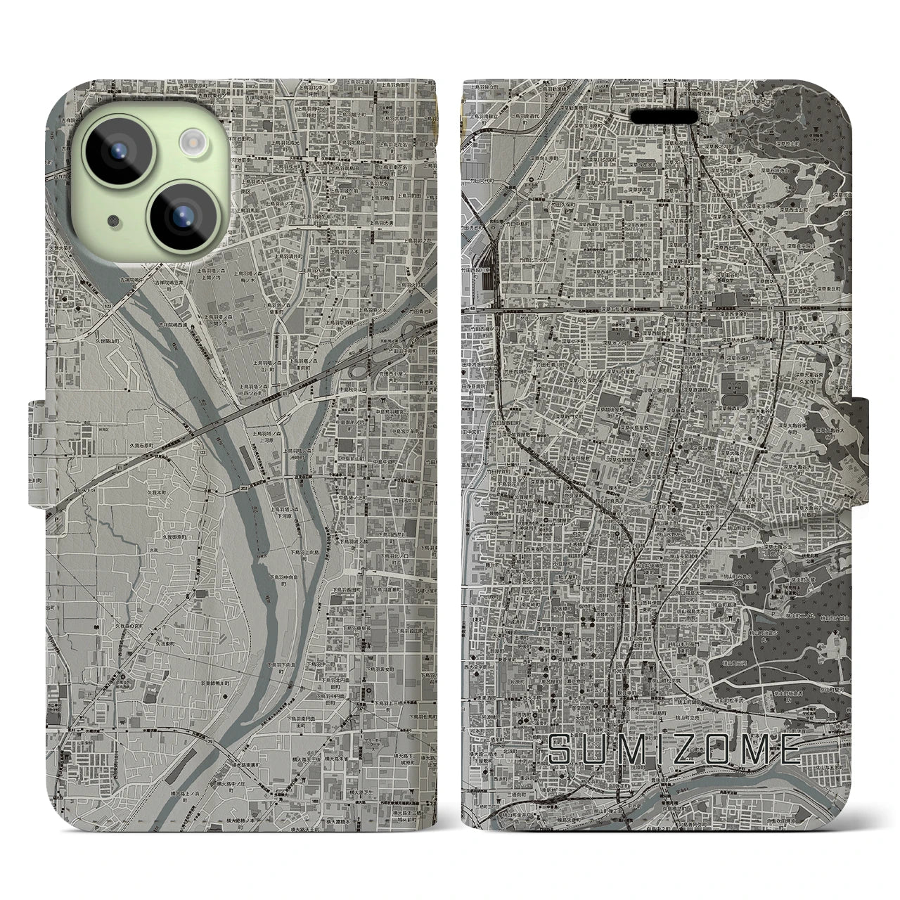 【墨染(京都府)】地図柄iPhoneケース(手帳タイプ)モノトーン・iPhone 15 用