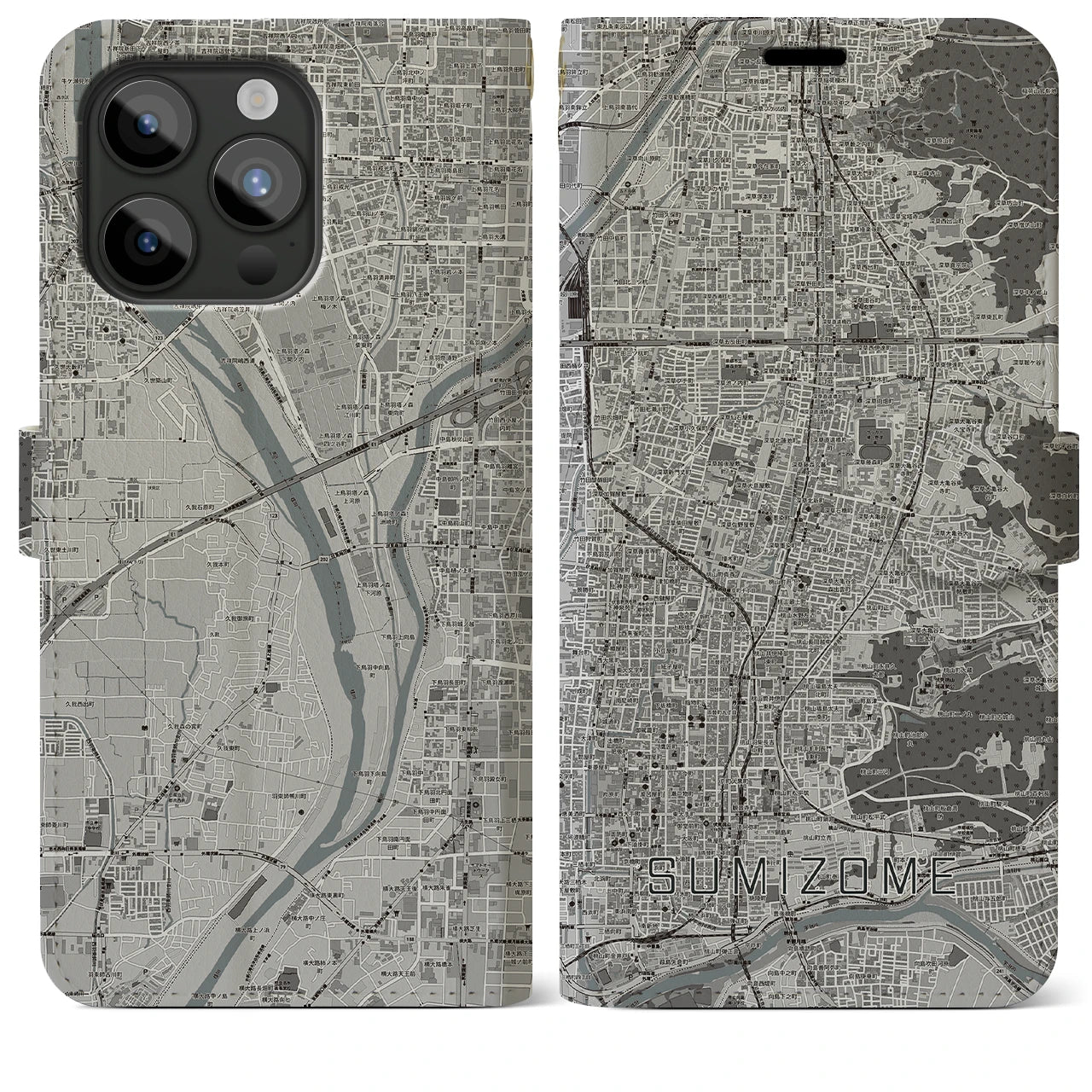 【墨染(京都府)】地図柄iPhoneケース(手帳タイプ)モノトーン・iPhone 15 Pro Max 用