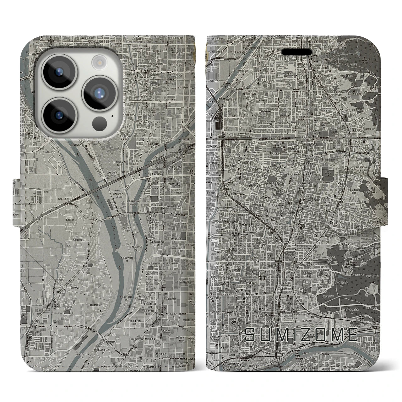 【墨染(京都府)】地図柄iPhoneケース(手帳タイプ)モノトーン・iPhone 15 Pro 用
