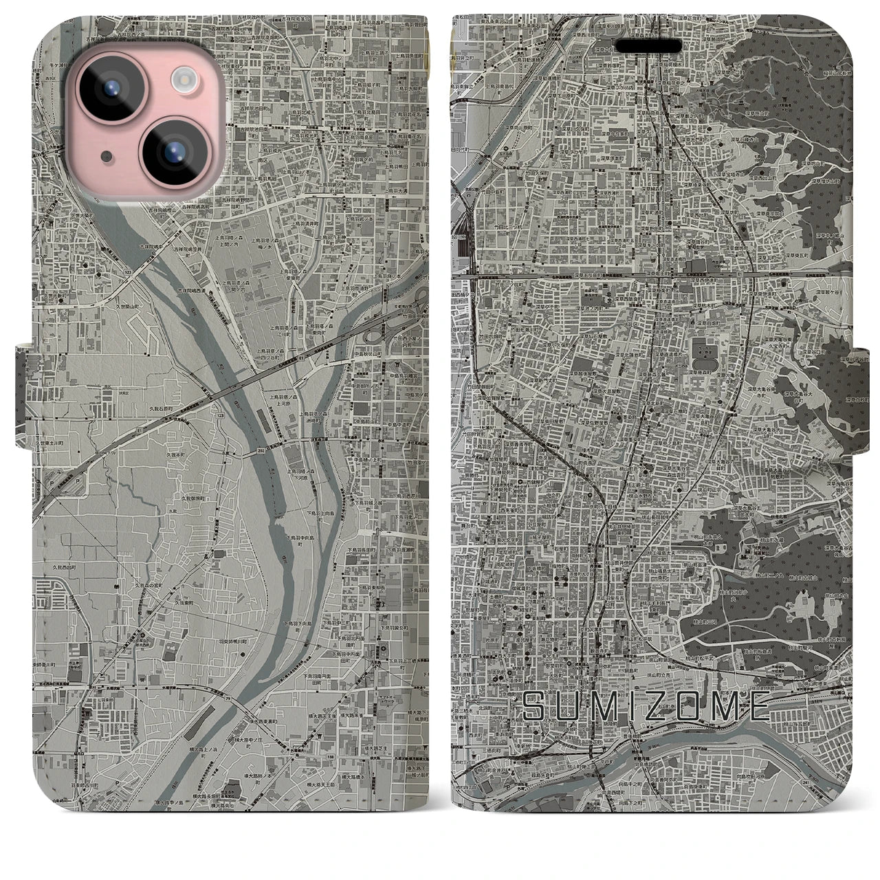 【墨染(京都府)】地図柄iPhoneケース(手帳タイプ)モノトーン・iPhone 15 Plus 用