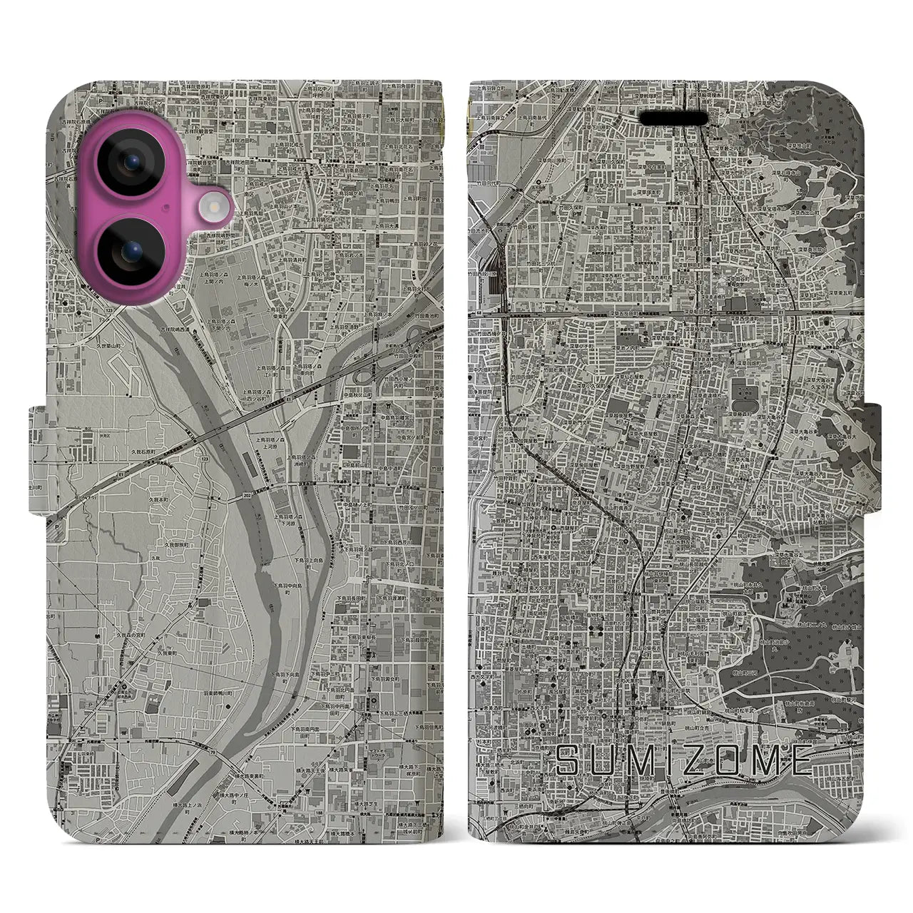 【墨染(京都府)】地図柄iPhoneケース(手帳タイプ)モノトーン・iPhone 16 Pro 用
