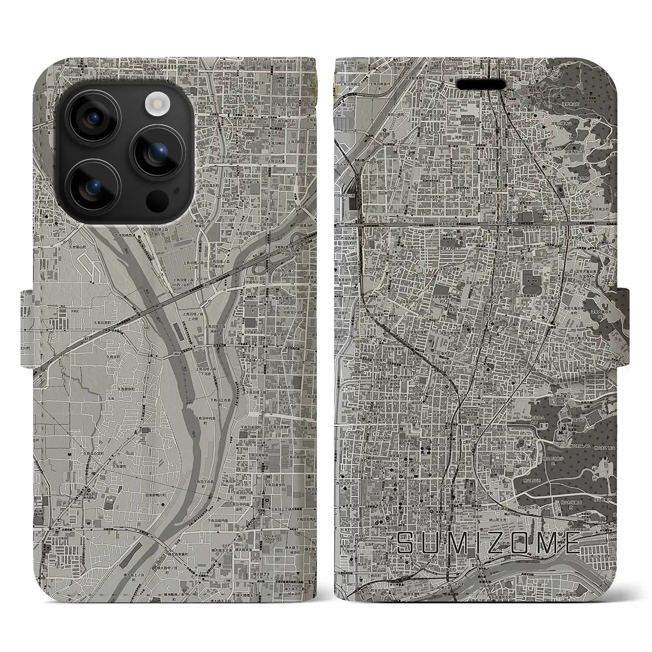 【墨染(京都府)】地図柄iPhoneケース(手帳タイプ)モノトーン・iPhone 16 用