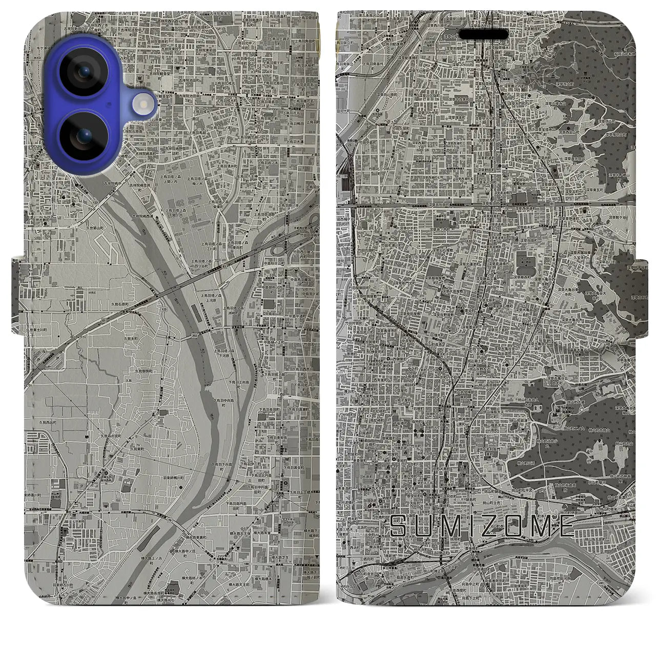 【墨染(京都府)】地図柄iPhoneケース(手帳タイプ)モノトーン・iPhone 16 Pro Max 用