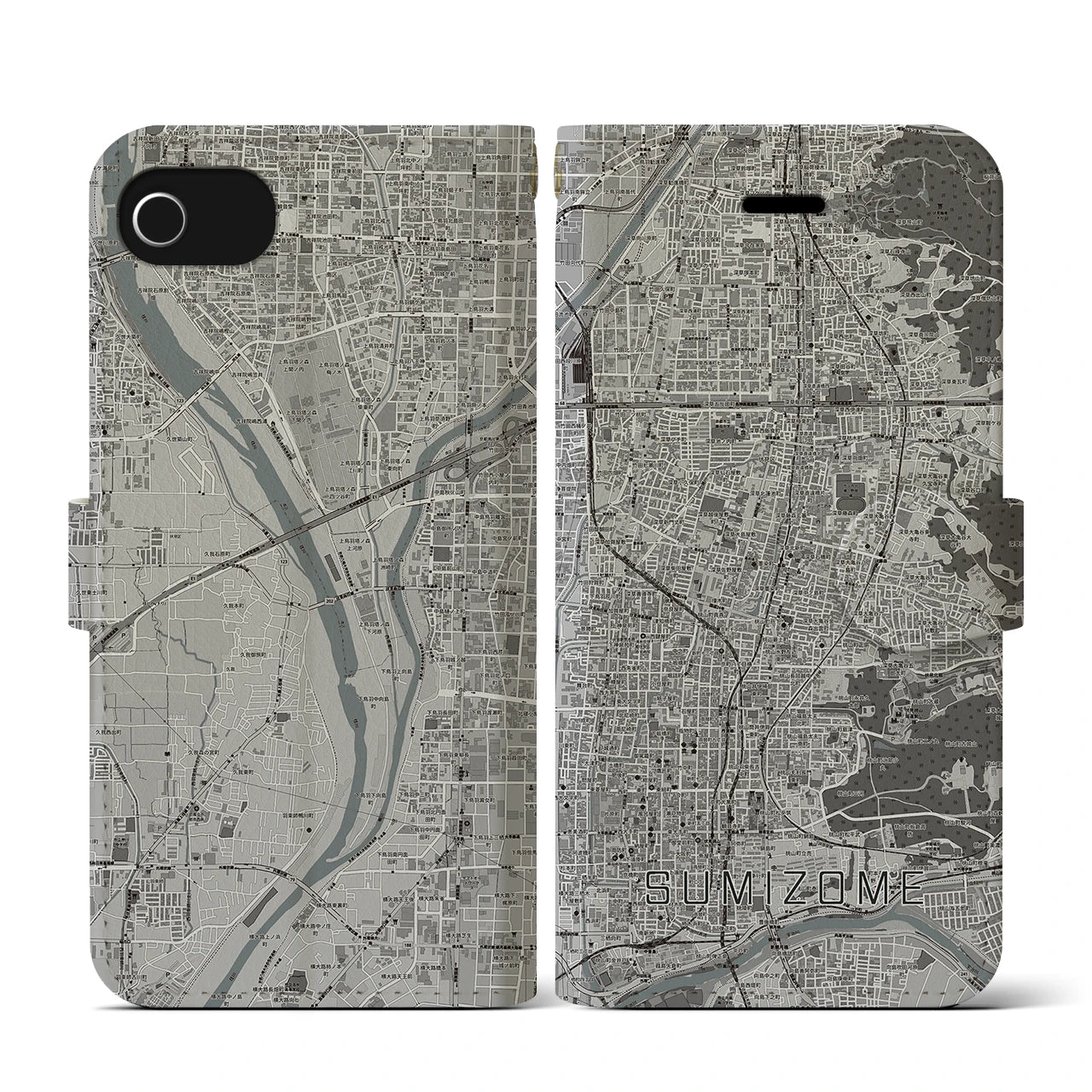 【墨染(京都府)】地図柄iPhoneケース(手帳タイプ)モノトーン・iPhone SE(第3 / 第2世代) / 8 / 7 / 6s / 6 用