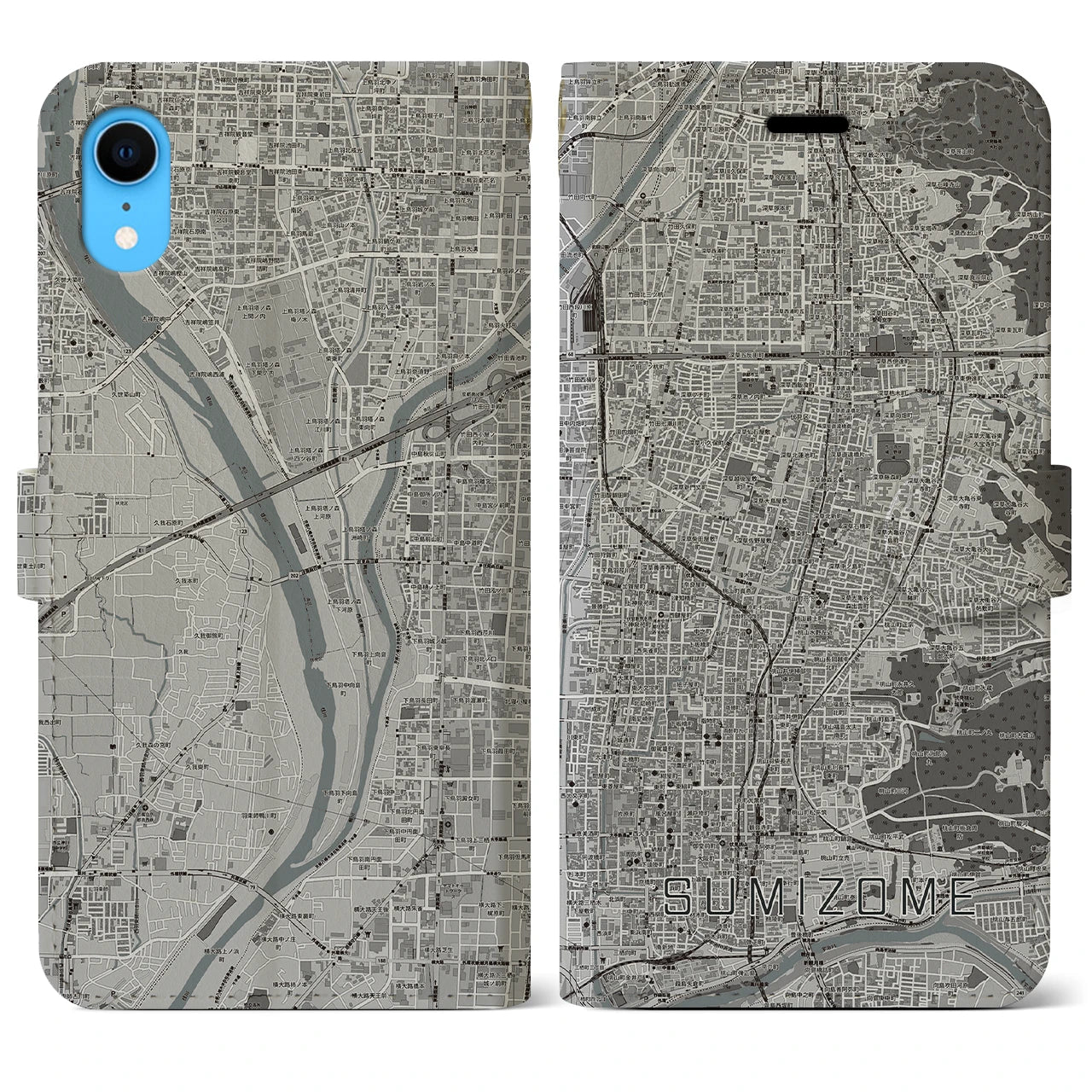 【墨染(京都府)】地図柄iPhoneケース(手帳タイプ)モノトーン・iPhone XR 用
