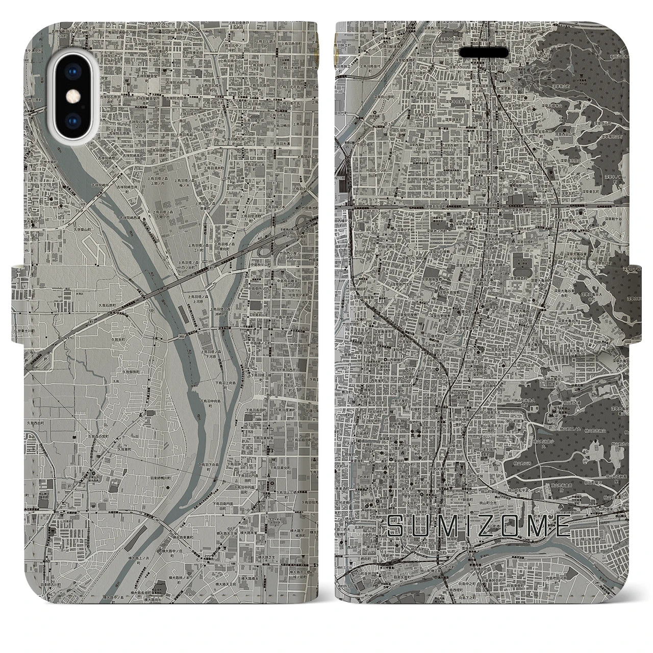 【墨染(京都府)】地図柄iPhoneケース(手帳タイプ)モノトーン・iPhone XS Max 用