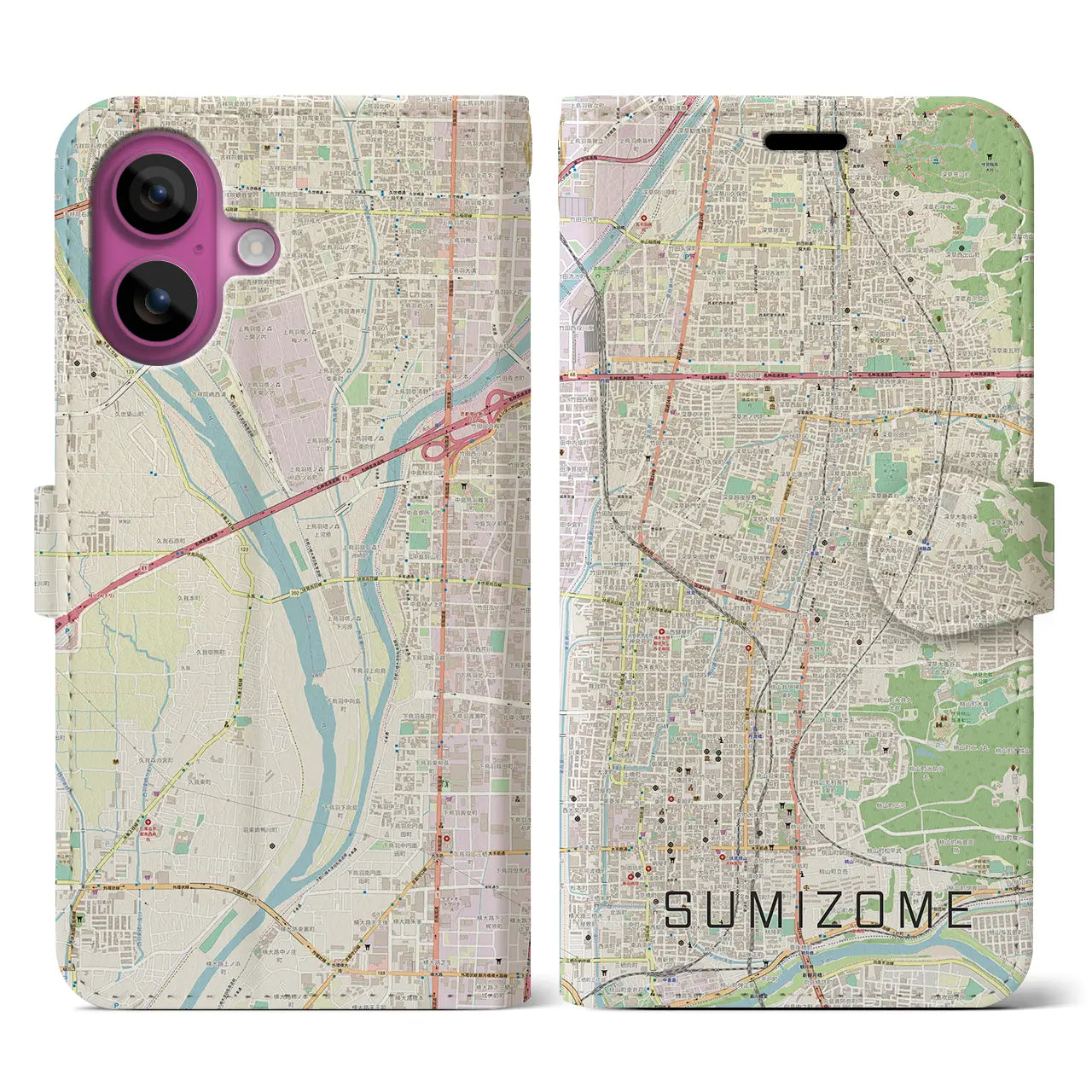 【墨染(京都府)】地図柄iPhoneケース(手帳タイプ)ナチュラル・iPhone 16 Pro 用