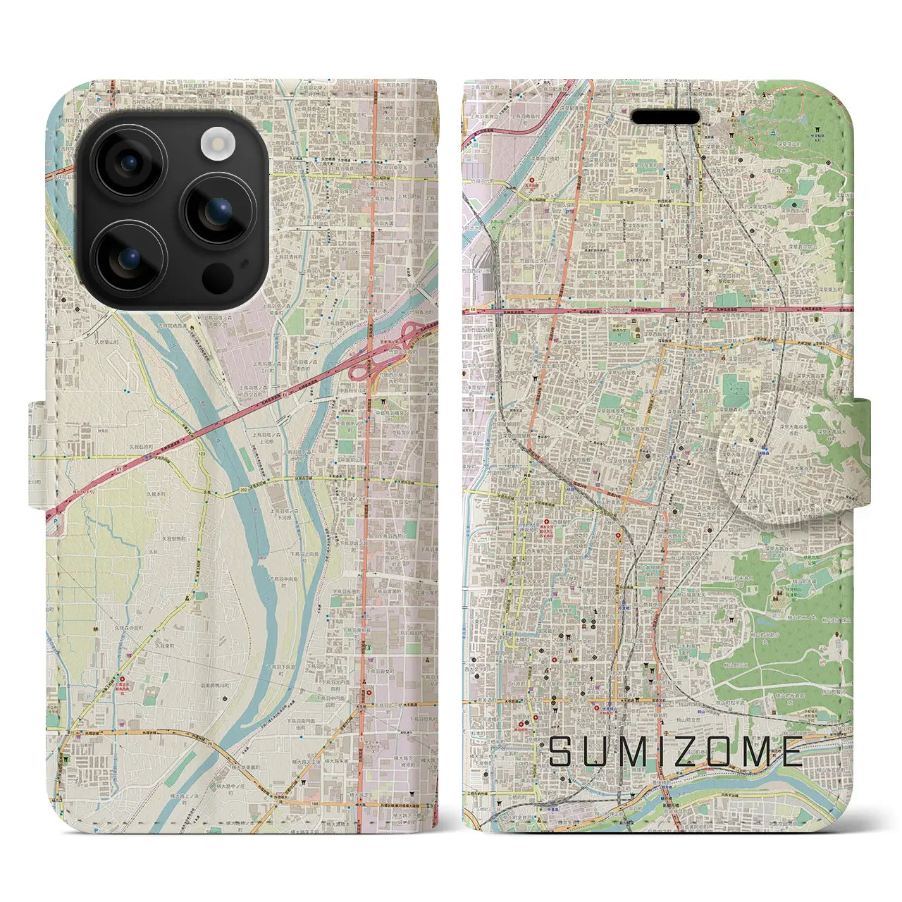 【墨染(京都府)】地図柄iPhoneケース(手帳タイプ)ナチュラル・iPhone 16 用