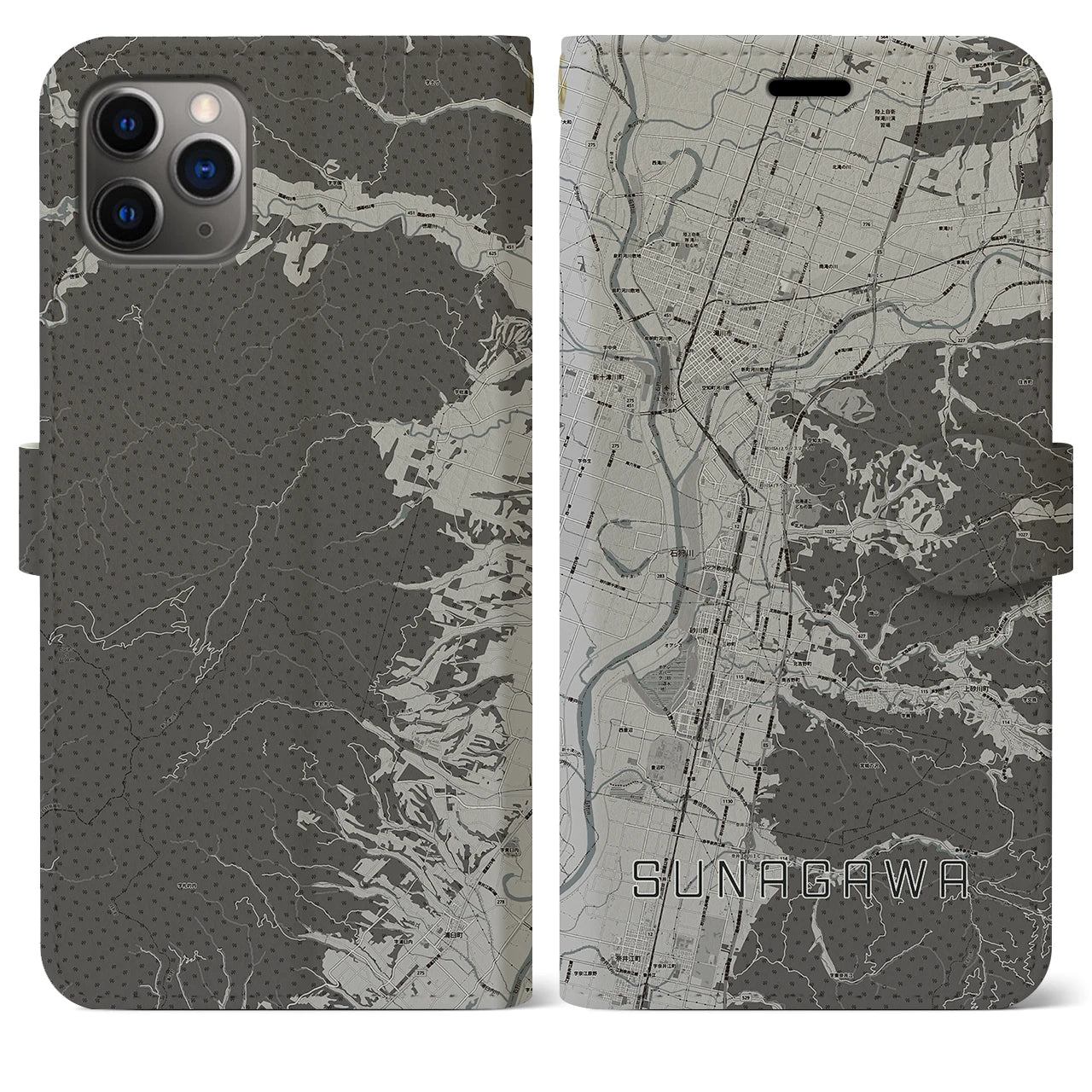 【砂川(北海道)】地図柄iPhoneケース(手帳タイプ)モノトーン・iPhone 11 Pro Max 用