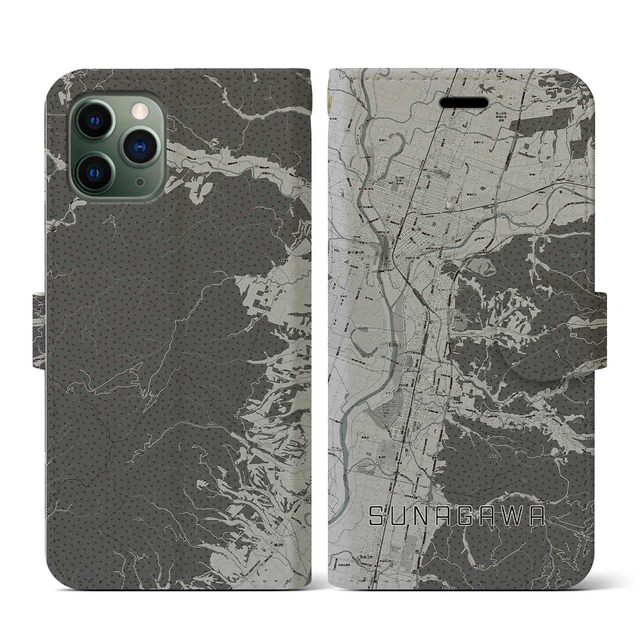 【砂川(北海道)】地図柄iPhoneケース(手帳タイプ)モノトーン・iPhone 11 Pro 用