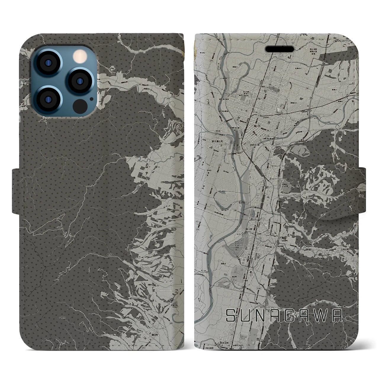 【砂川(北海道)】地図柄iPhoneケース(手帳タイプ)モノトーン・iPhone 12 / 12 Pro 用