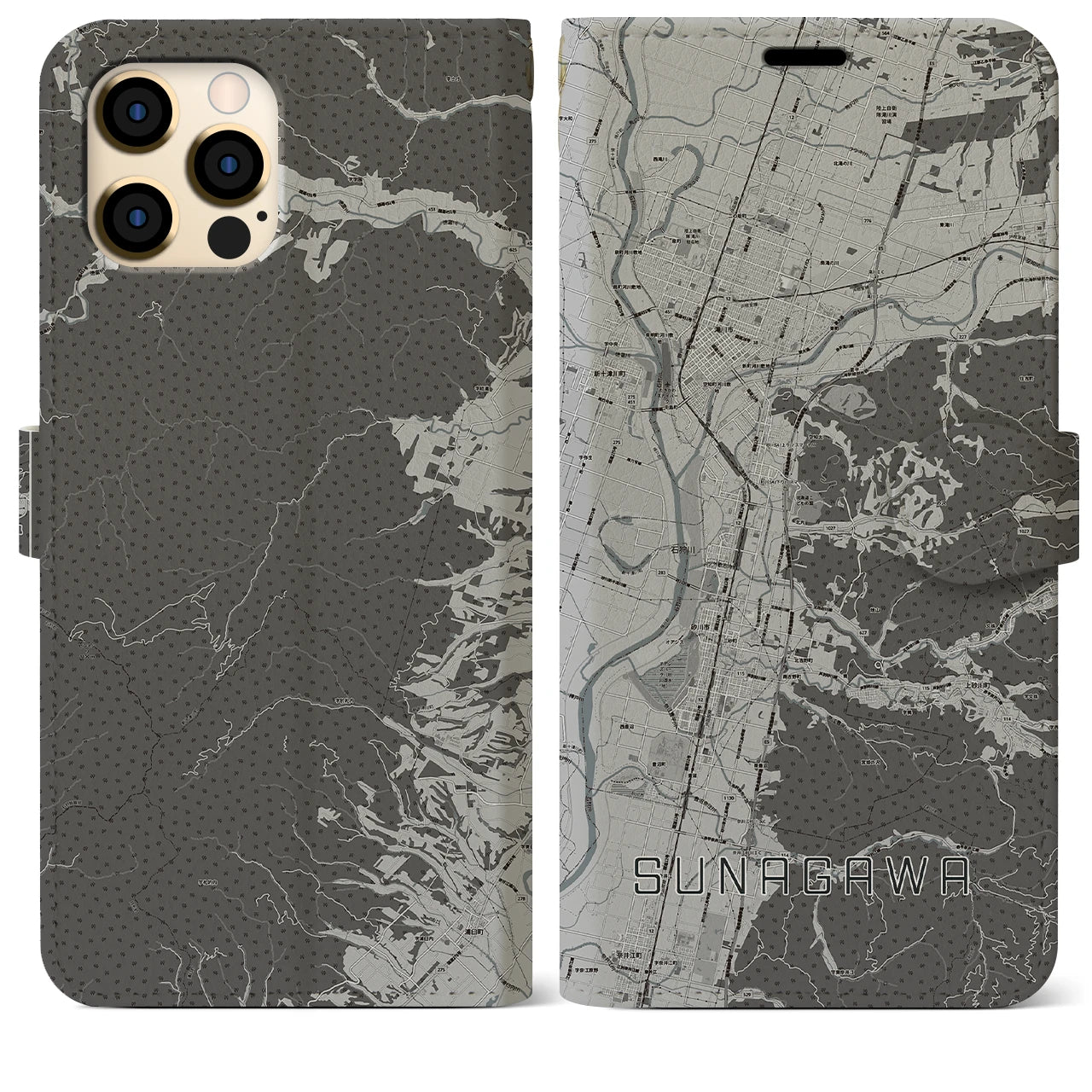 【砂川(北海道)】地図柄iPhoneケース(手帳タイプ)モノトーン・iPhone 12 Pro Max 用