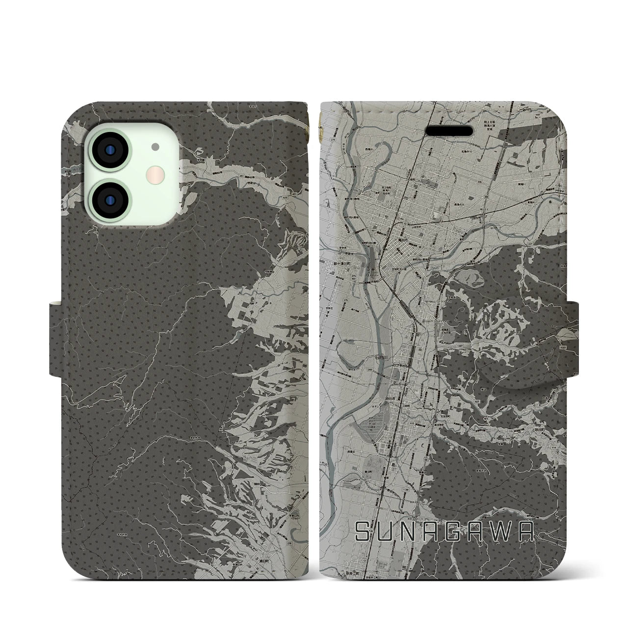 【砂川(北海道)】地図柄iPhoneケース(手帳タイプ)モノトーン・iPhone 12 mini 用