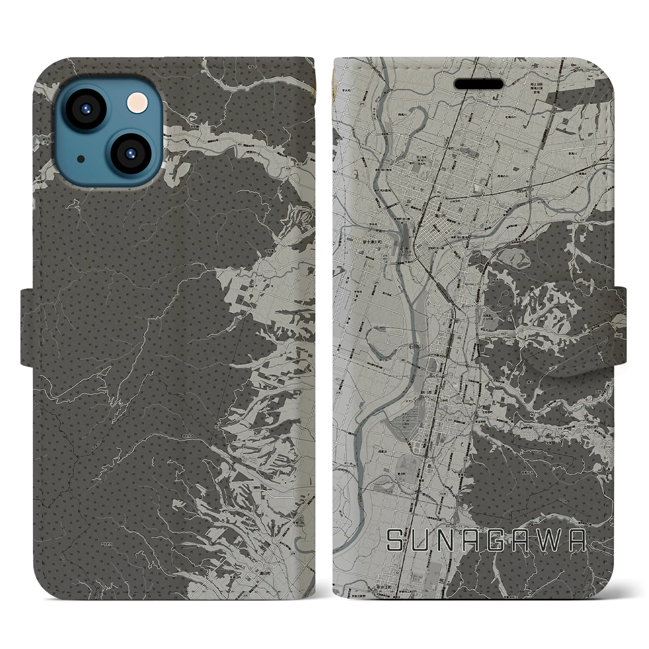 【砂川(北海道)】地図柄iPhoneケース(手帳タイプ)モノトーン・iPhone 13 用