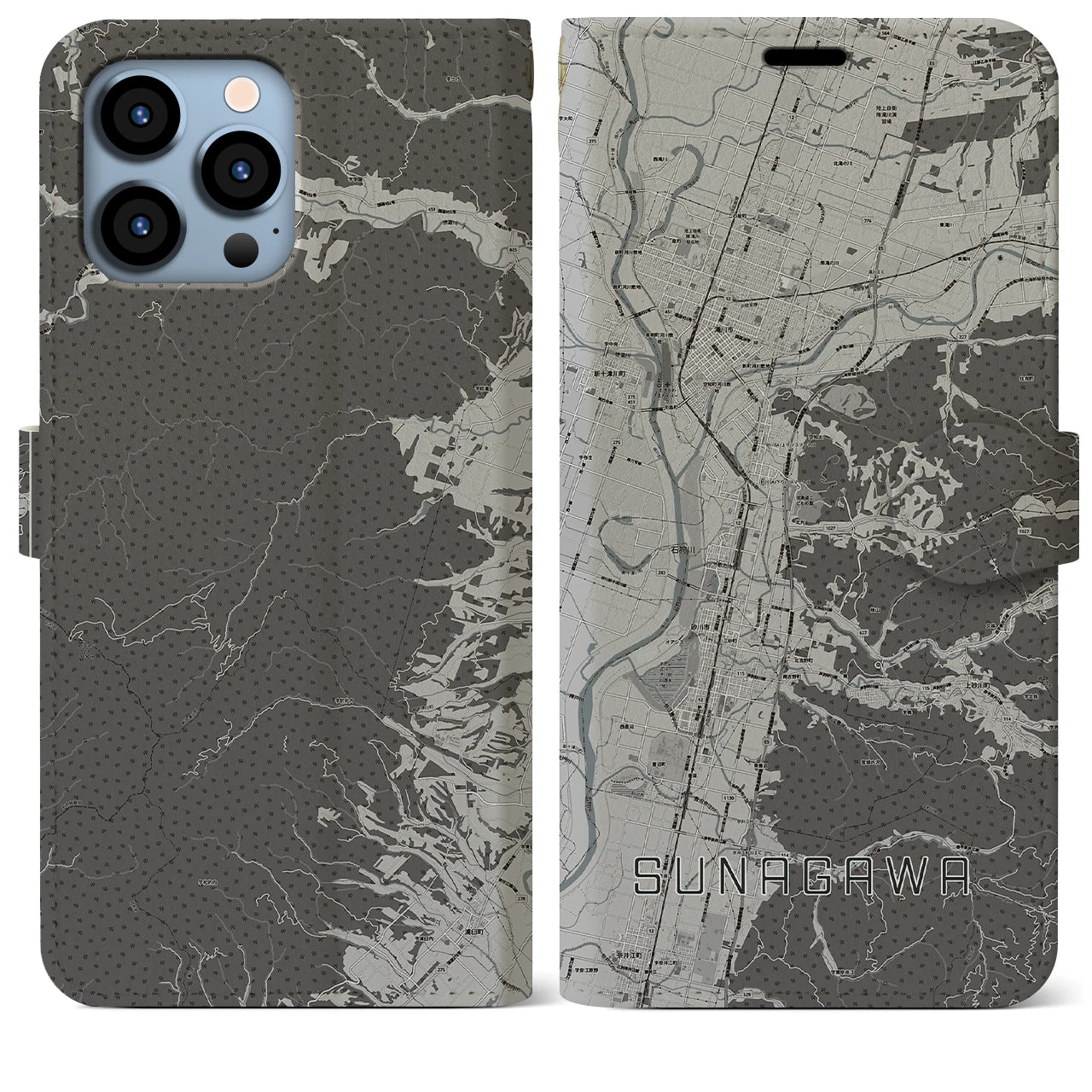 【砂川(北海道)】地図柄iPhoneケース(手帳タイプ)モノトーン・iPhone 13 Pro Max 用