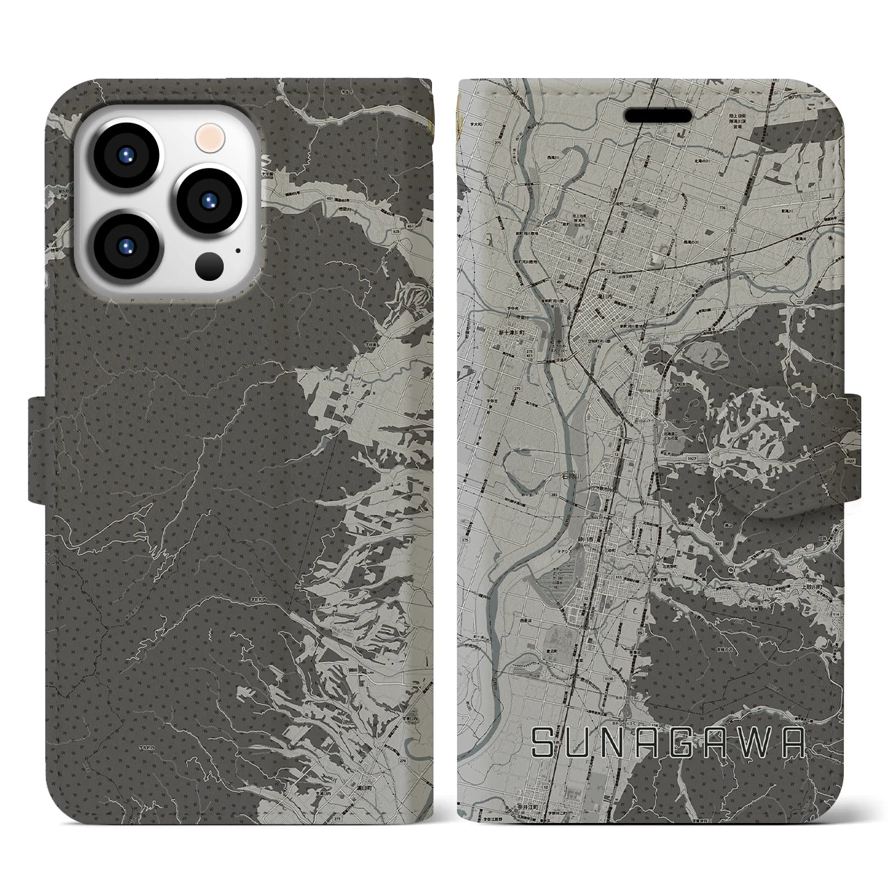 【砂川(北海道)】地図柄iPhoneケース(手帳タイプ)モノトーン・iPhone 13 Pro 用