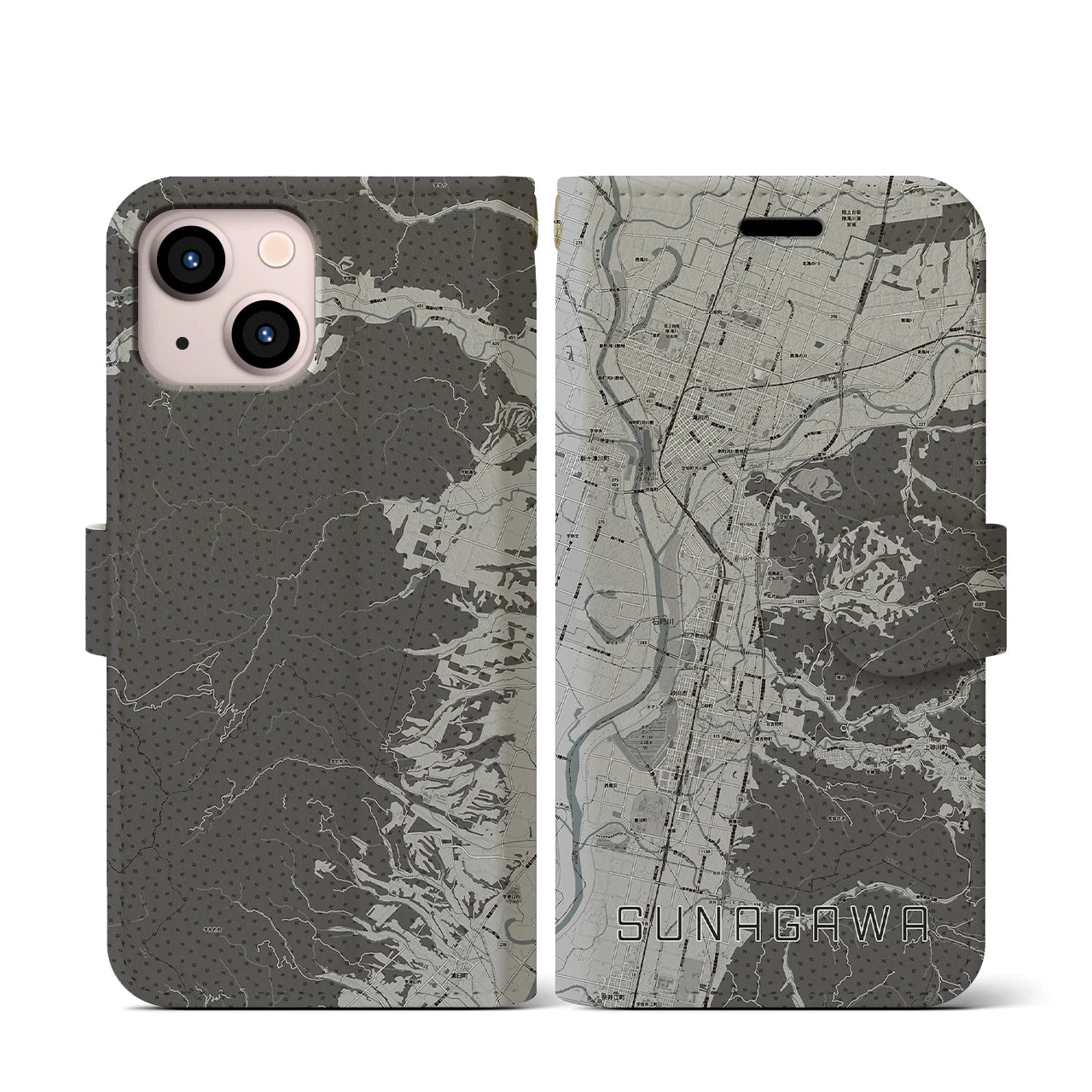 【砂川(北海道)】地図柄iPhoneケース(手帳タイプ)モノトーン・iPhone 13 mini 用