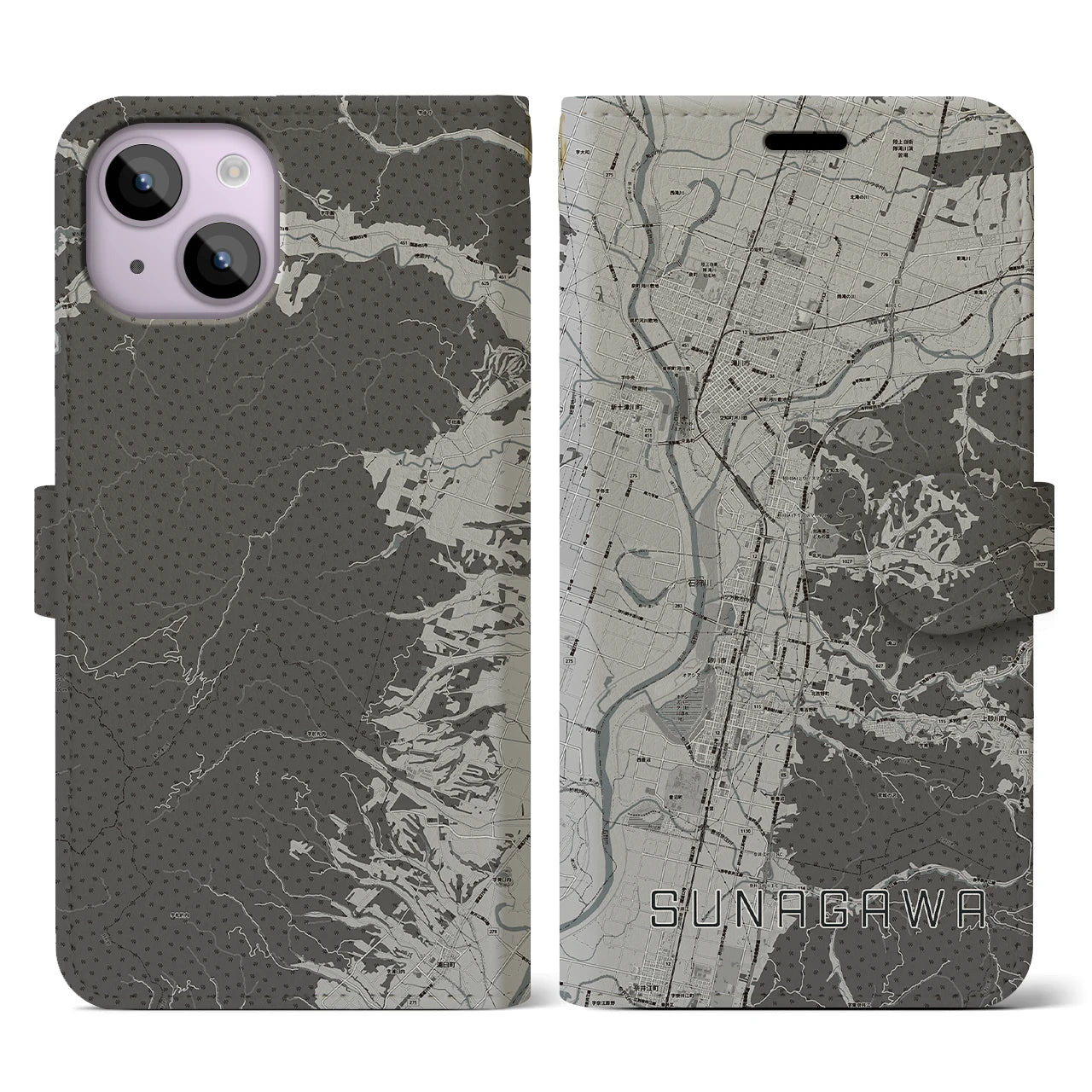 【砂川(北海道)】地図柄iPhoneケース(手帳タイプ)モノトーン・iPhone 14 用