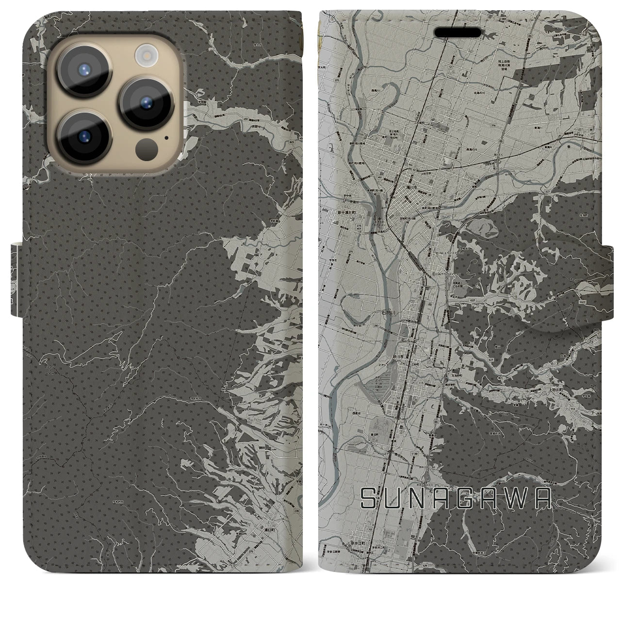 【砂川(北海道)】地図柄iPhoneケース(手帳タイプ)モノトーン・iPhone 14 Pro Max 用