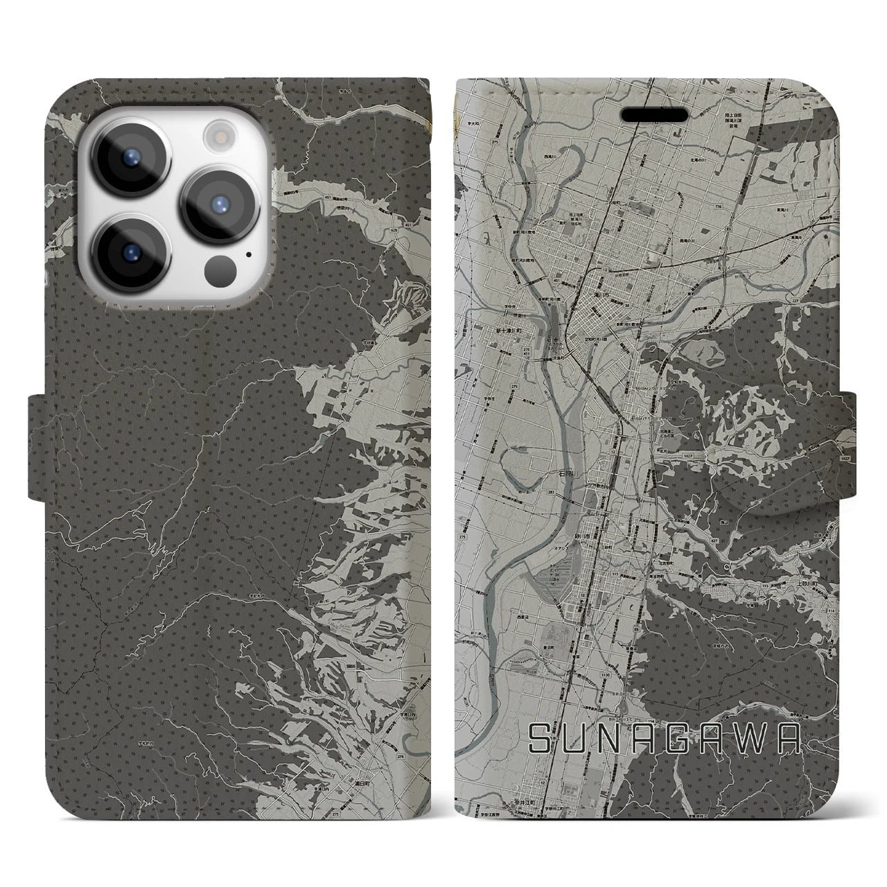 【砂川(北海道)】地図柄iPhoneケース(手帳タイプ)モノトーン・iPhone 14 Pro 用