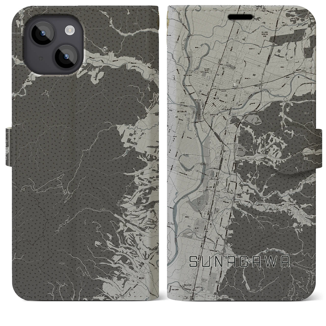 【砂川(北海道)】地図柄iPhoneケース(手帳タイプ)モノトーン・iPhone 14 Plus 用