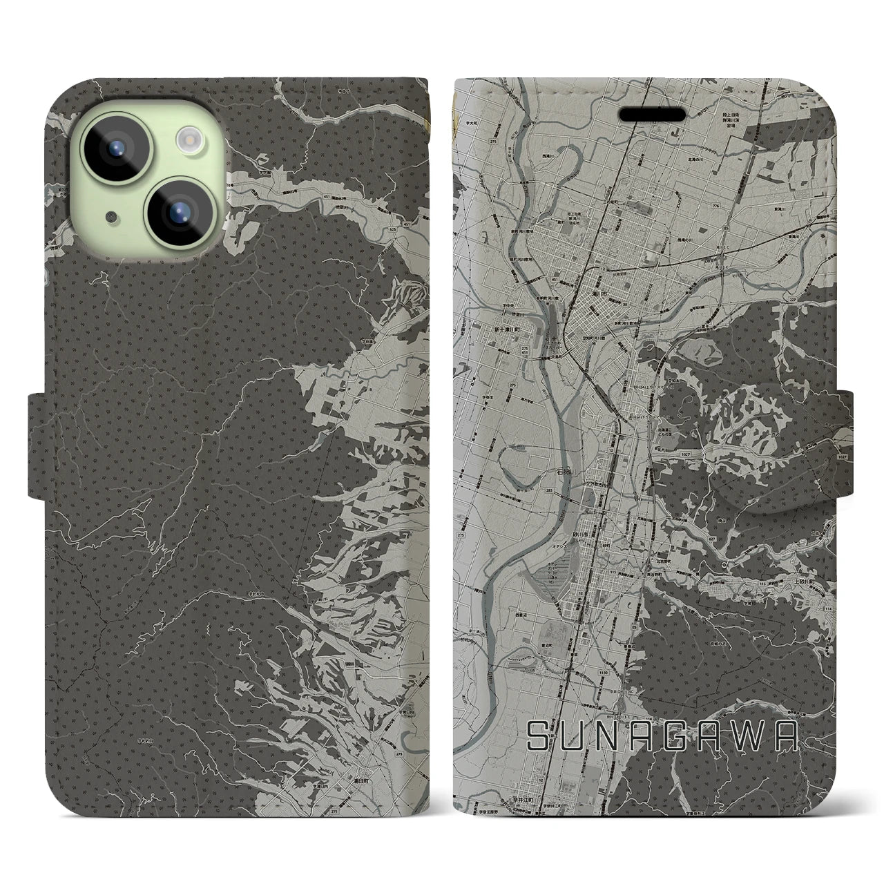 【砂川(北海道)】地図柄iPhoneケース(手帳タイプ)モノトーン・iPhone 15 用