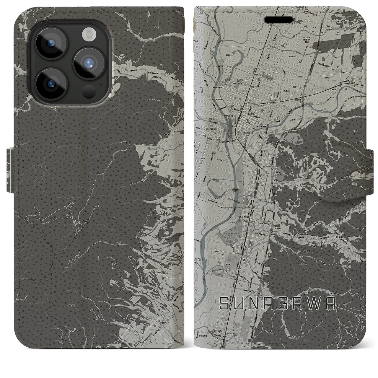 【砂川(北海道)】地図柄iPhoneケース(手帳タイプ)モノトーン・iPhone 15 Pro Max 用