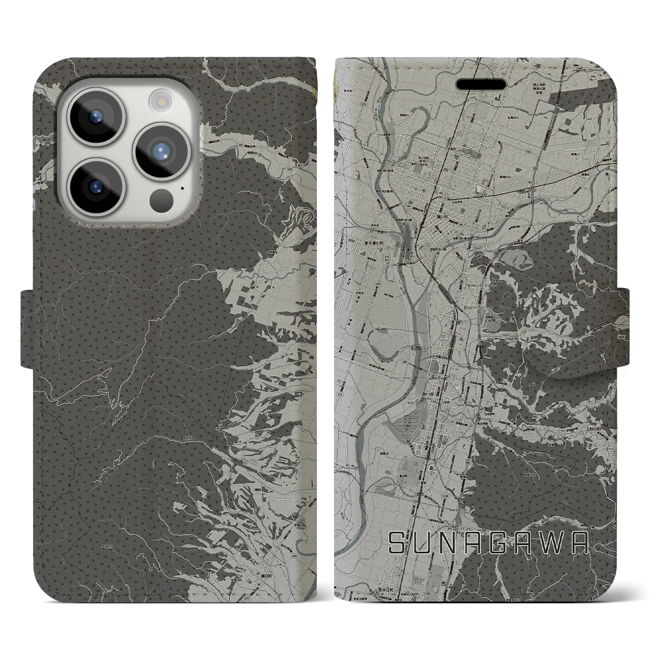 【砂川(北海道)】地図柄iPhoneケース(手帳タイプ)モノトーン・iPhone 15 Pro 用