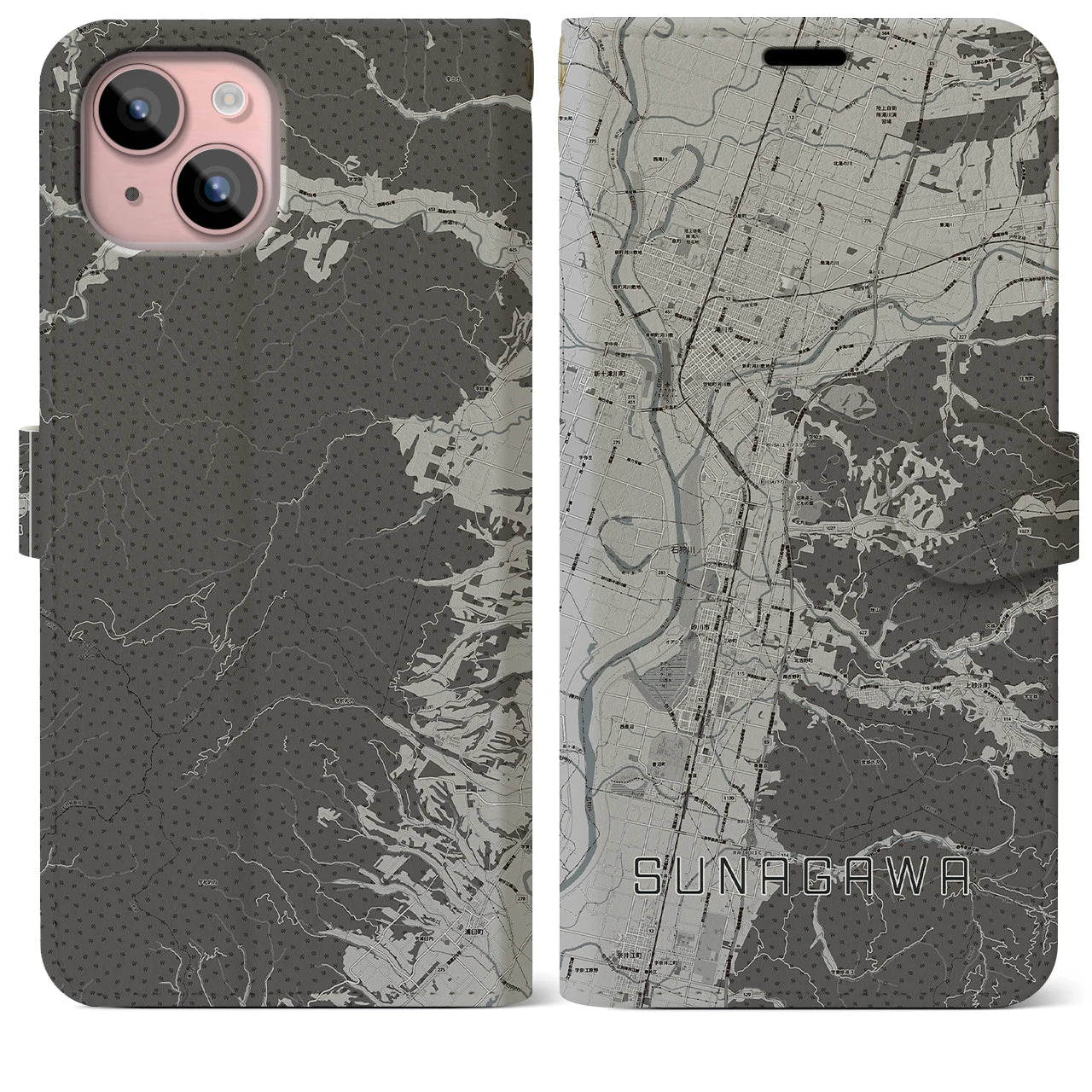 【砂川(北海道)】地図柄iPhoneケース(手帳タイプ)モノトーン・iPhone 15 Plus 用