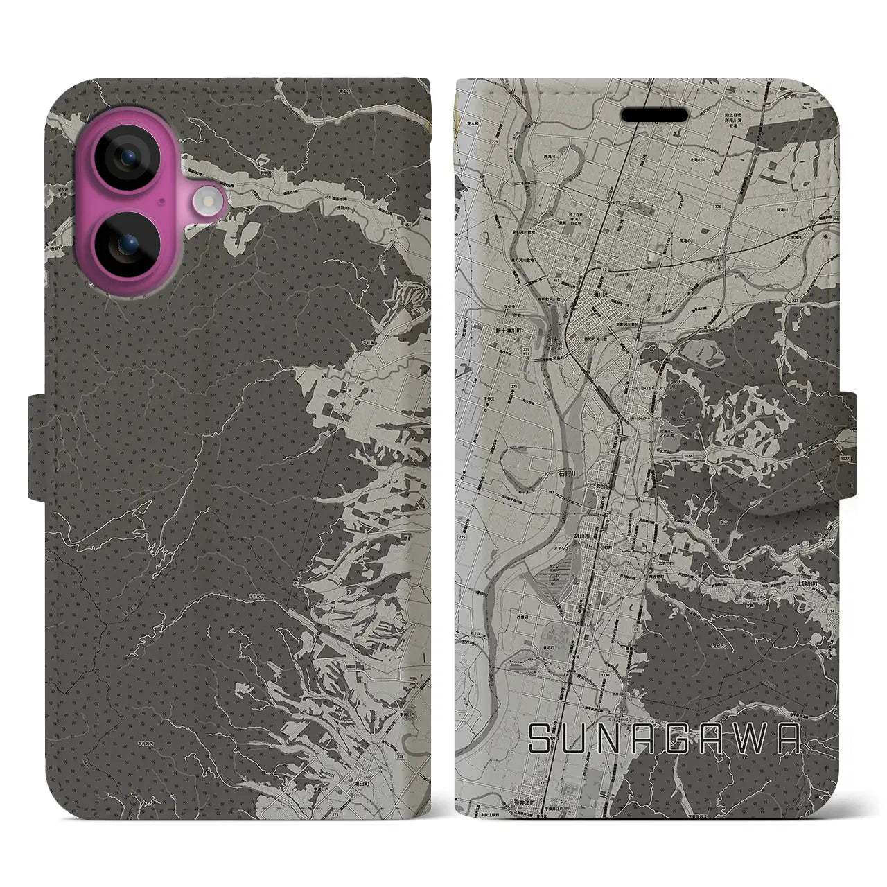 【砂川(北海道)】地図柄iPhoneケース(手帳タイプ)モノトーン・iPhone 16 Pro 用