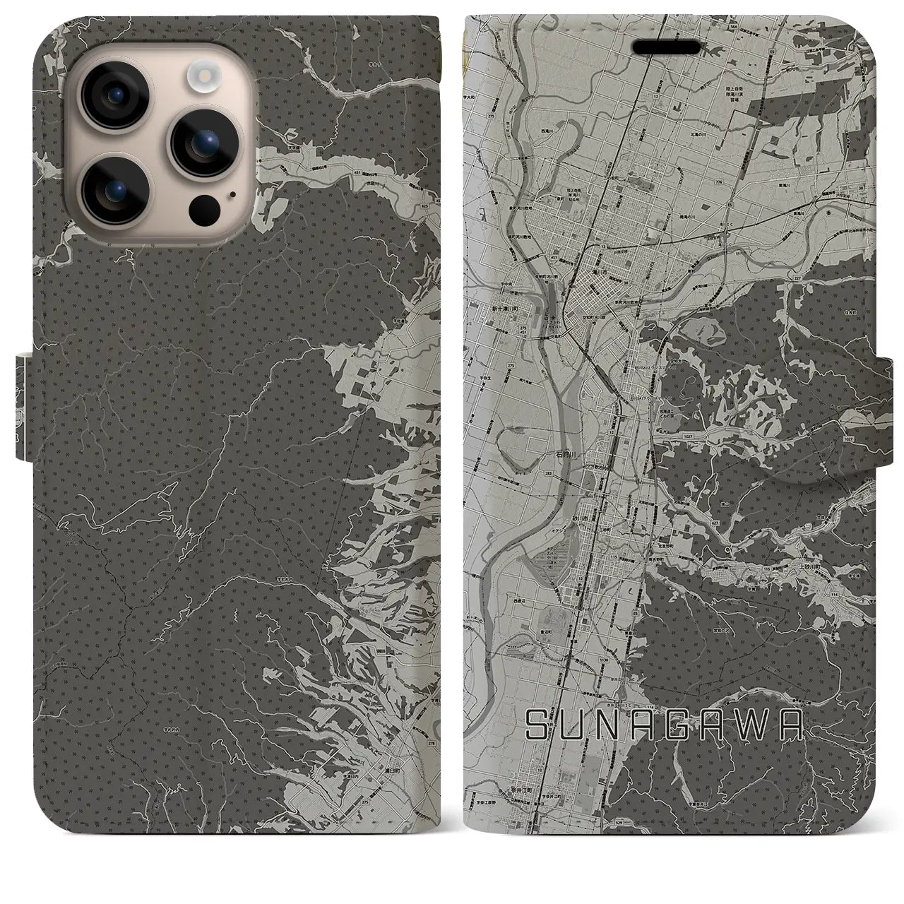 【砂川(北海道)】地図柄iPhoneケース(手帳タイプ)モノトーン・iPhone 16 Plus 用