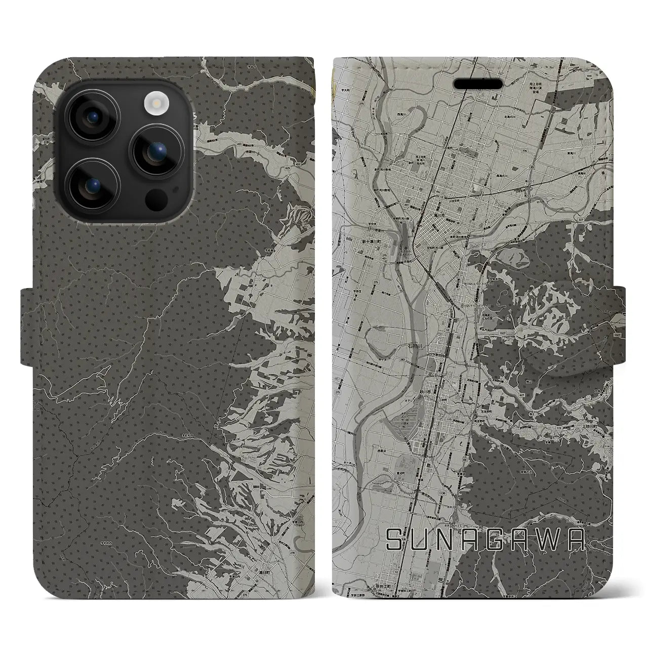 【砂川(北海道)】地図柄iPhoneケース(手帳タイプ)モノトーン・iPhone 16 用