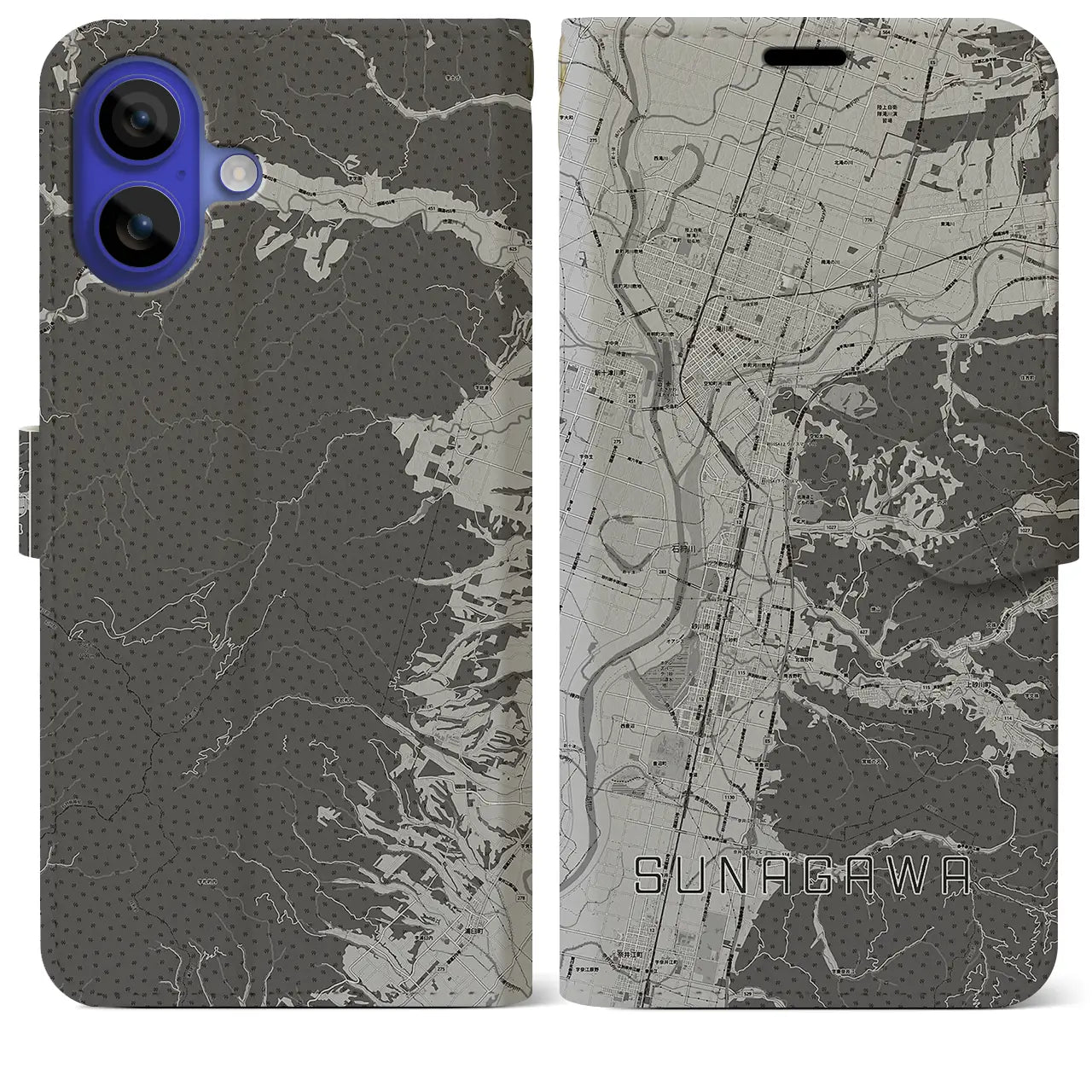 【砂川(北海道)】地図柄iPhoneケース(手帳タイプ)モノトーン・iPhone 16 Pro Max 用