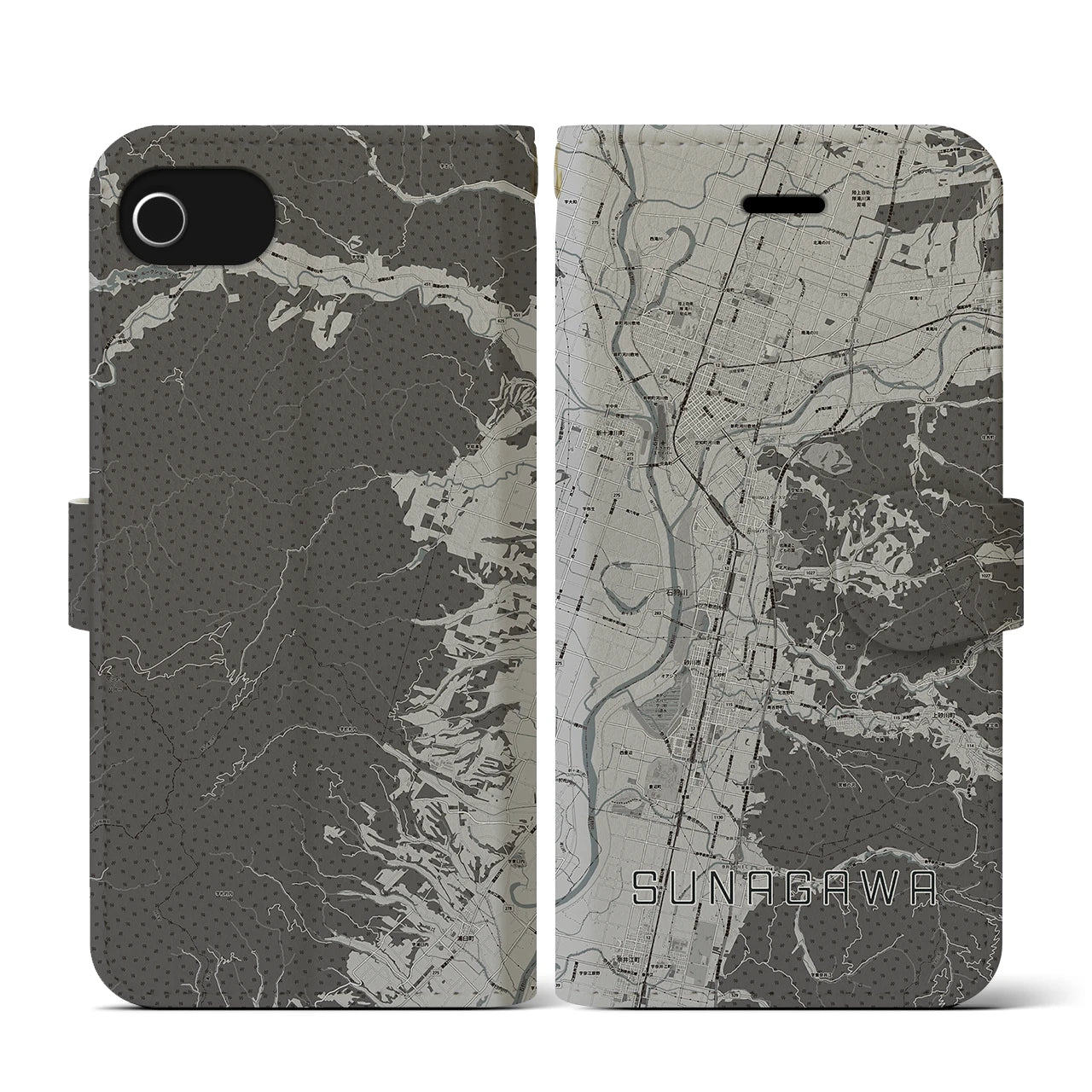 【砂川(北海道)】地図柄iPhoneケース(手帳タイプ)モノトーン・iPhone SE(第3 / 第2世代) / 8 / 7 / 6s / 6 用