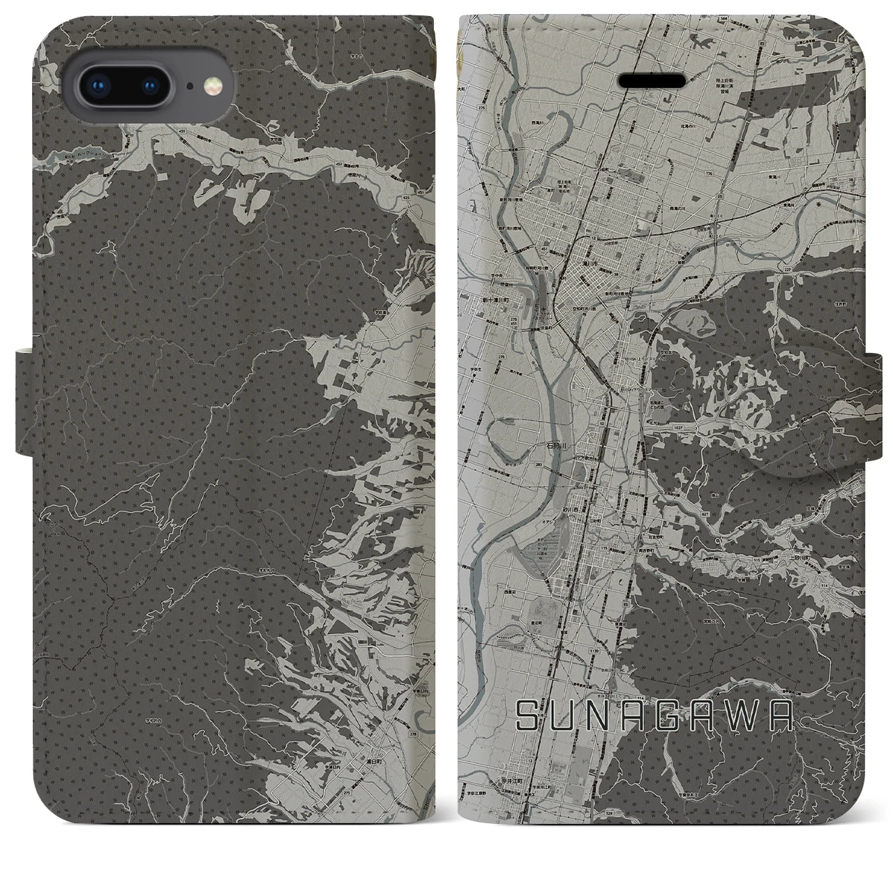 【砂川(北海道)】地図柄iPhoneケース(手帳タイプ)モノトーン・iPhone 8Plus /7Plus / 6sPlus / 6Plus 用