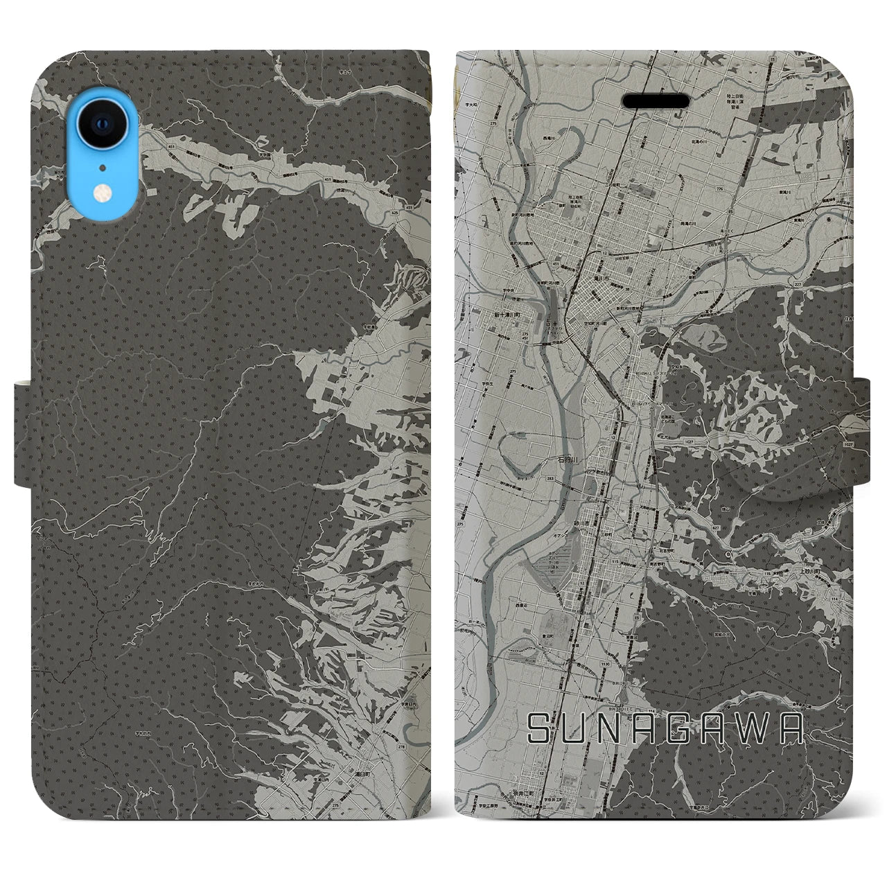 【砂川(北海道)】地図柄iPhoneケース(手帳タイプ)モノトーン・iPhone XR 用