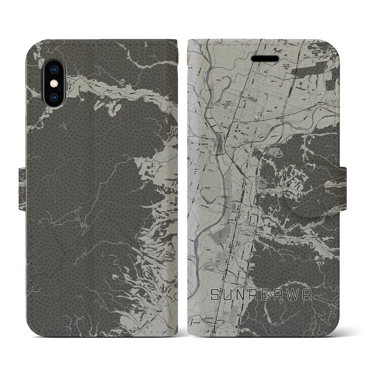 【砂川(北海道)】地図柄iPhoneケース(手帳タイプ)モノトーン・iPhone XS / X 用